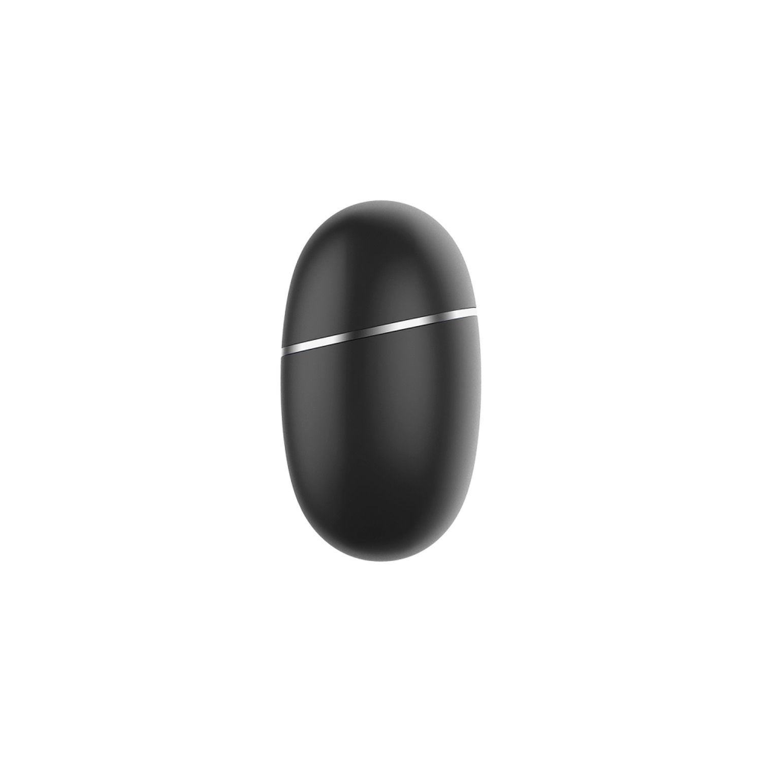 Ein schwarzer, oval geformter Ohrhörer mit silbernem Streifen.