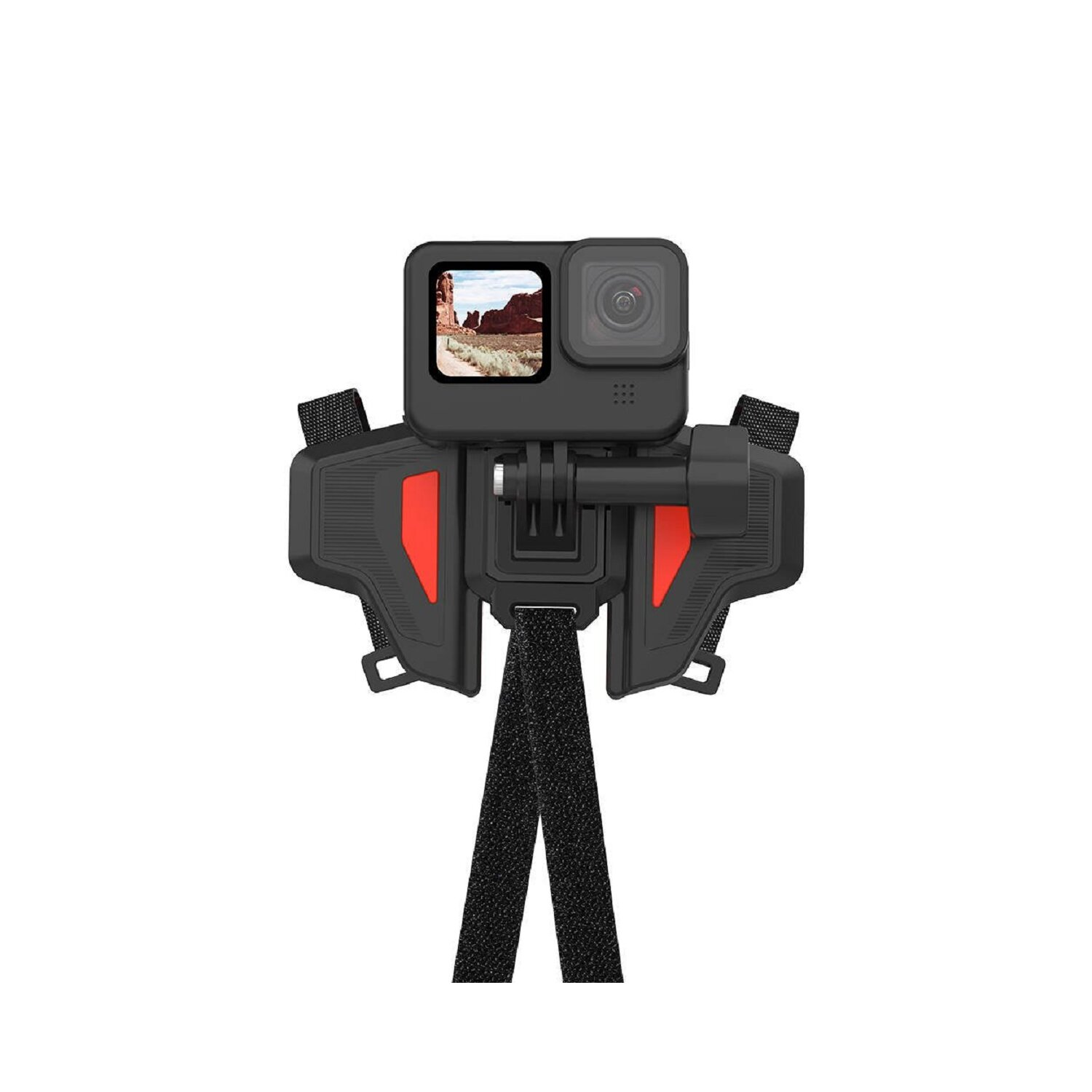 Supporto nero per action cam con fotocamera collegata; accenti rossi visibili.