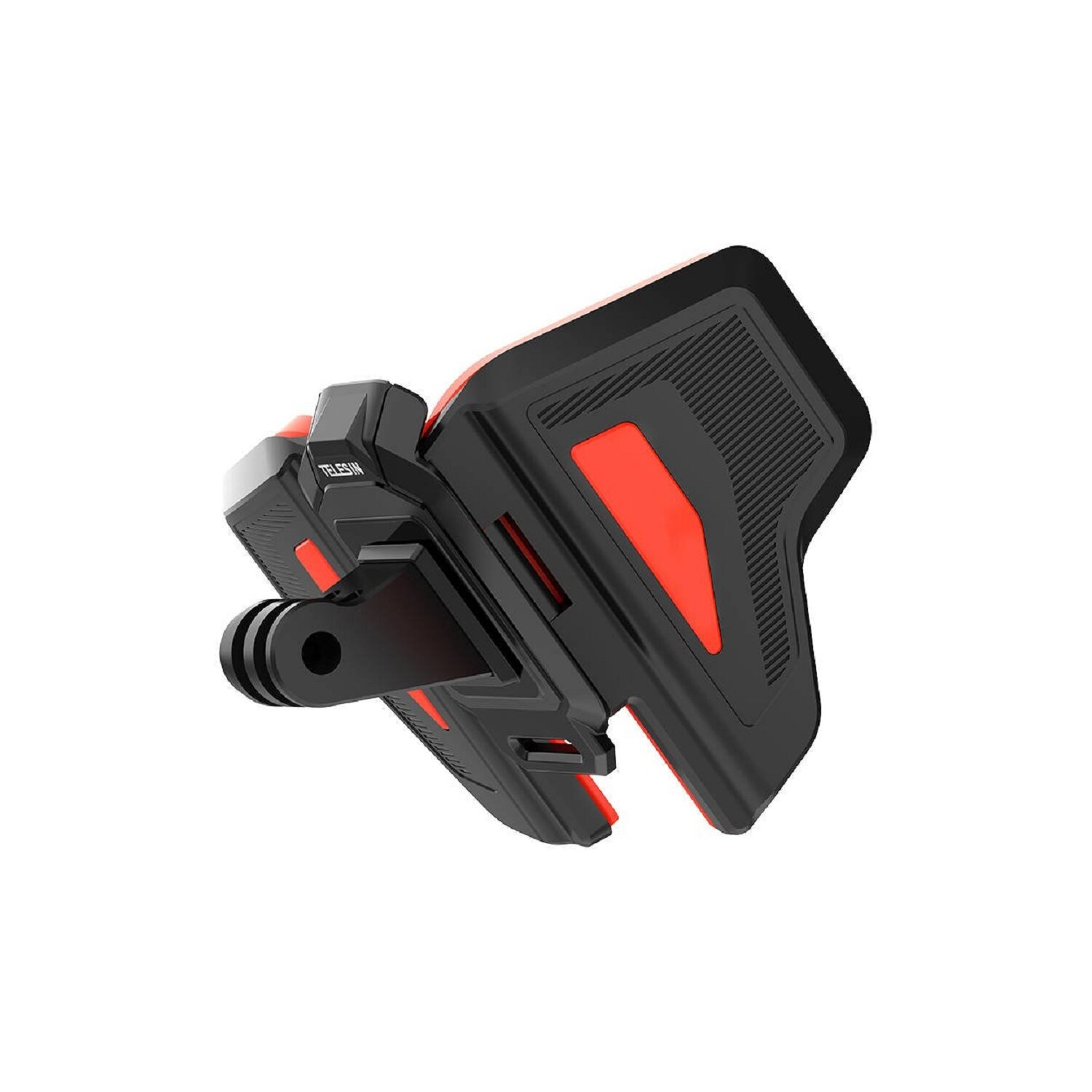 Supporto per action camera nero e rosso. È montato su uno sfondo bianco.