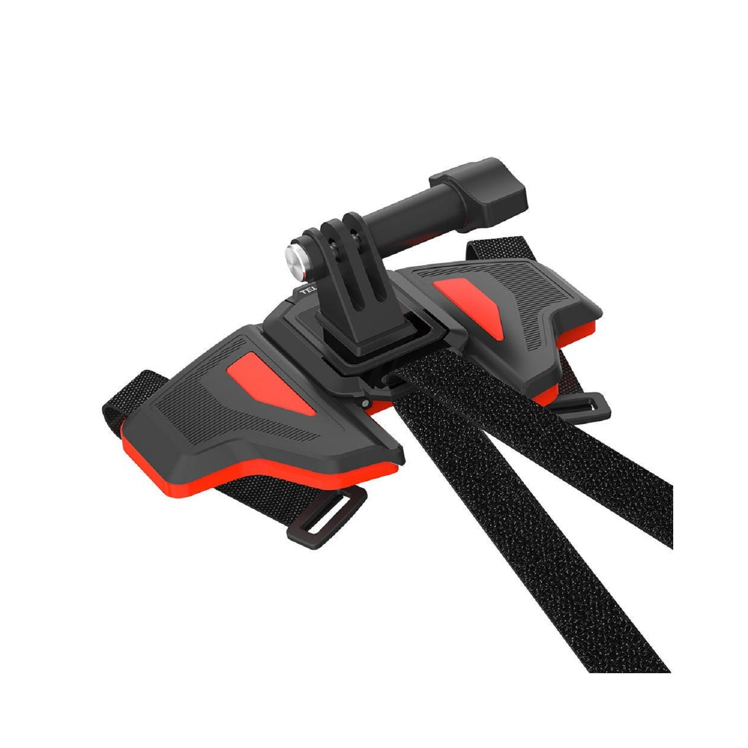 Un supporto toracico nero e rosso per una action cam. Include cinghie e hardware di montaggio.