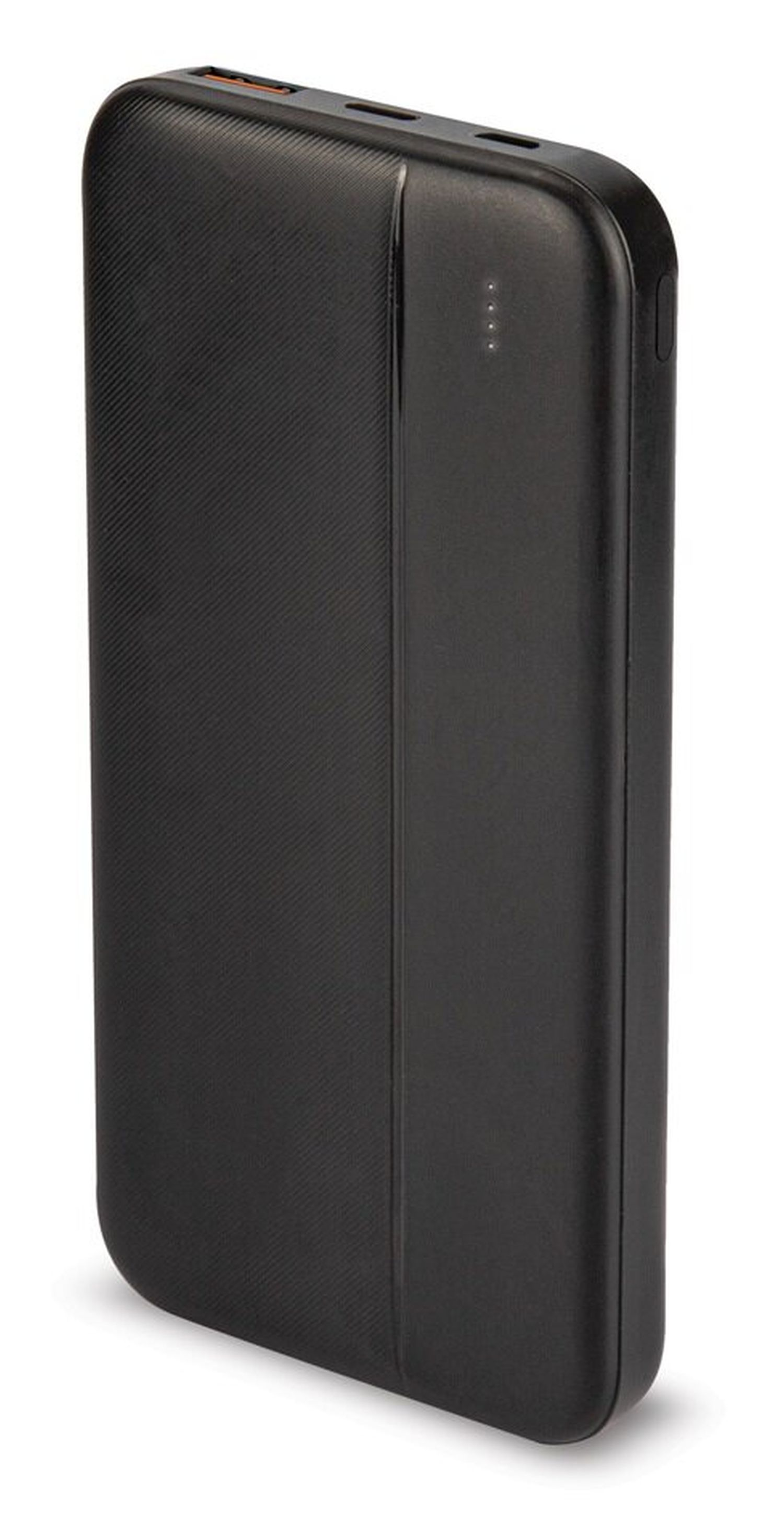 Schwarze Powerbank mit vier Kontrollleuchten und strukturierter Oberfläche.