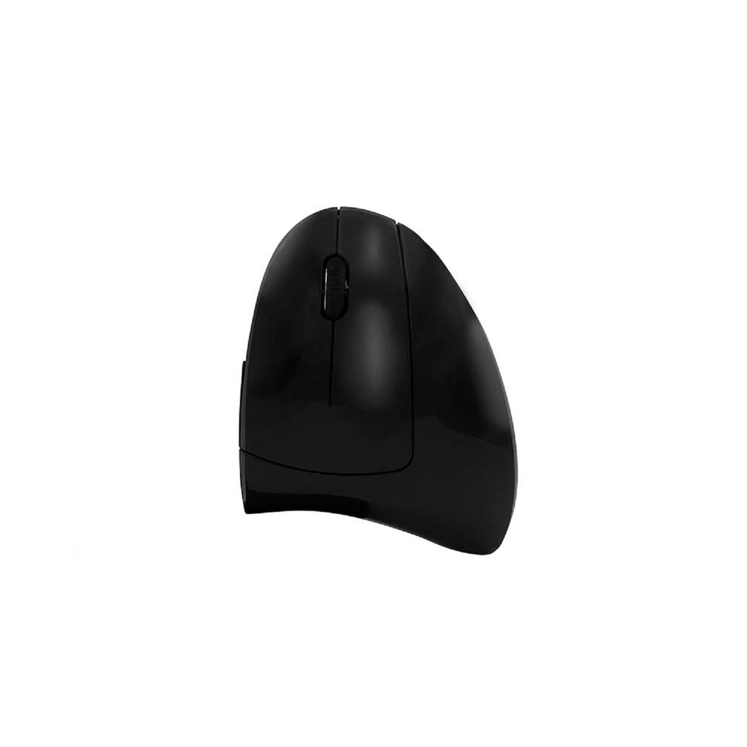 Ratón ergonómico vertical negro sobre superficie blanca. Tiene una rueda de desplazamiento.