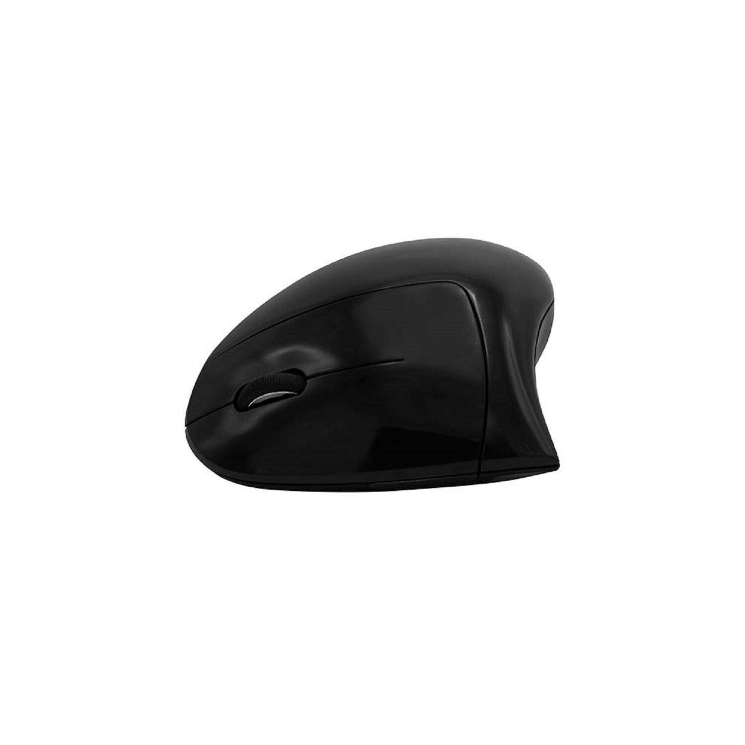 Ratón ergonómico negro. Tiene una forma curva para una cómoda posición de la mano. Fondo blanco.