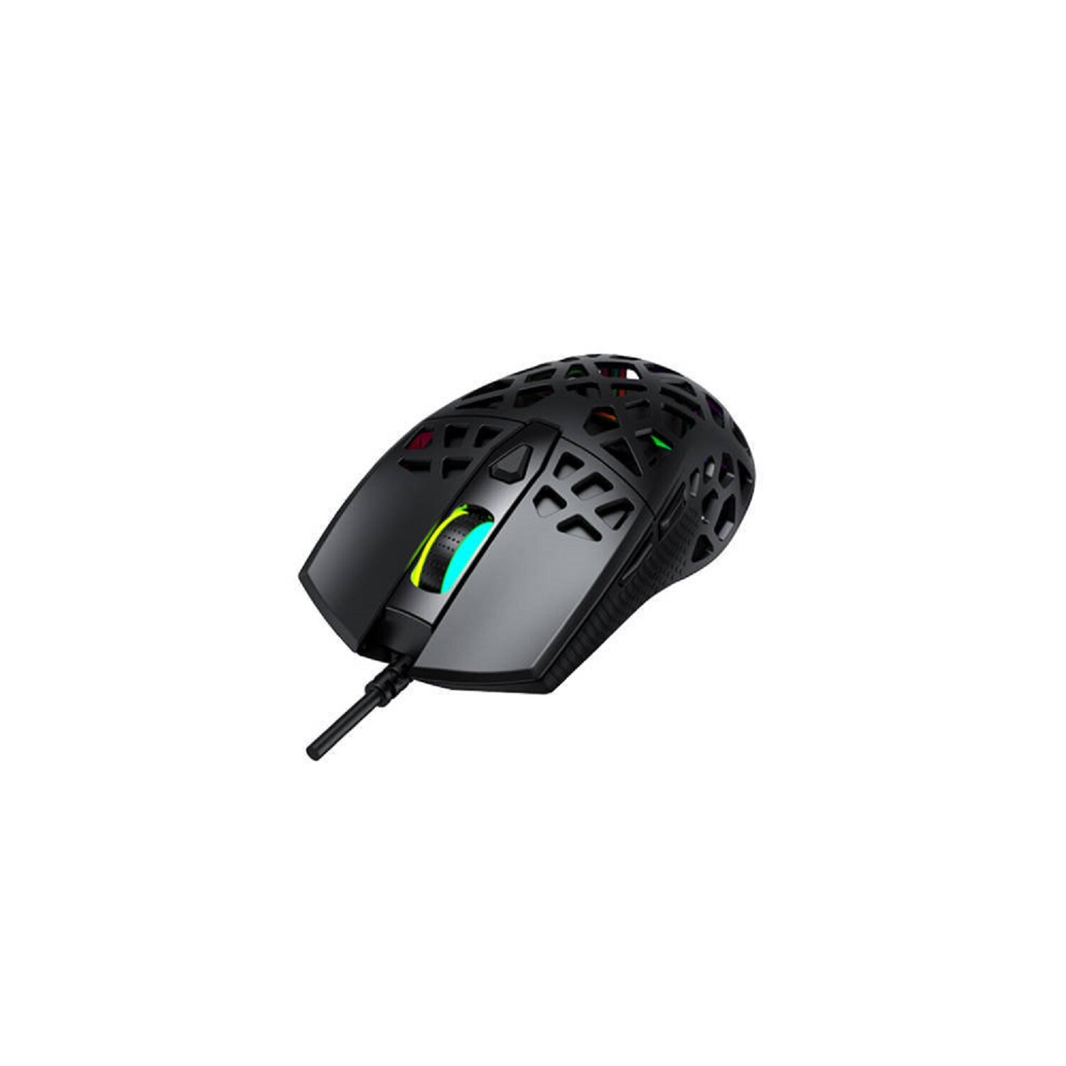 Schwarze Gaming-Maus mit Wabenmuster. Die Maus hat farbige Lichter und ein Kabel.