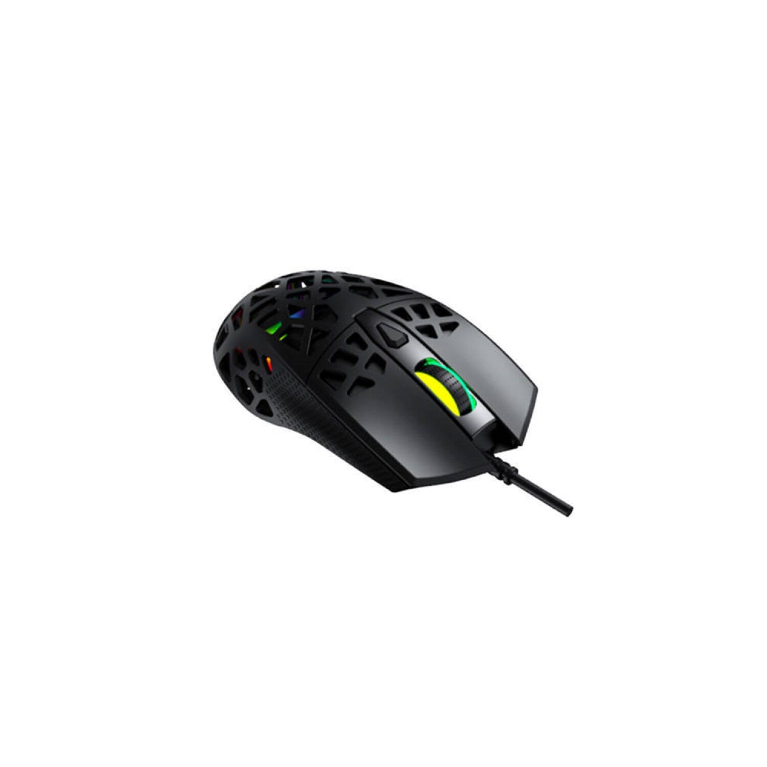 Schwarze Gaming-Maus, aufwendiges Design, auf Weiß. Schwarzes Kabel erstreckt sich von der Maus.