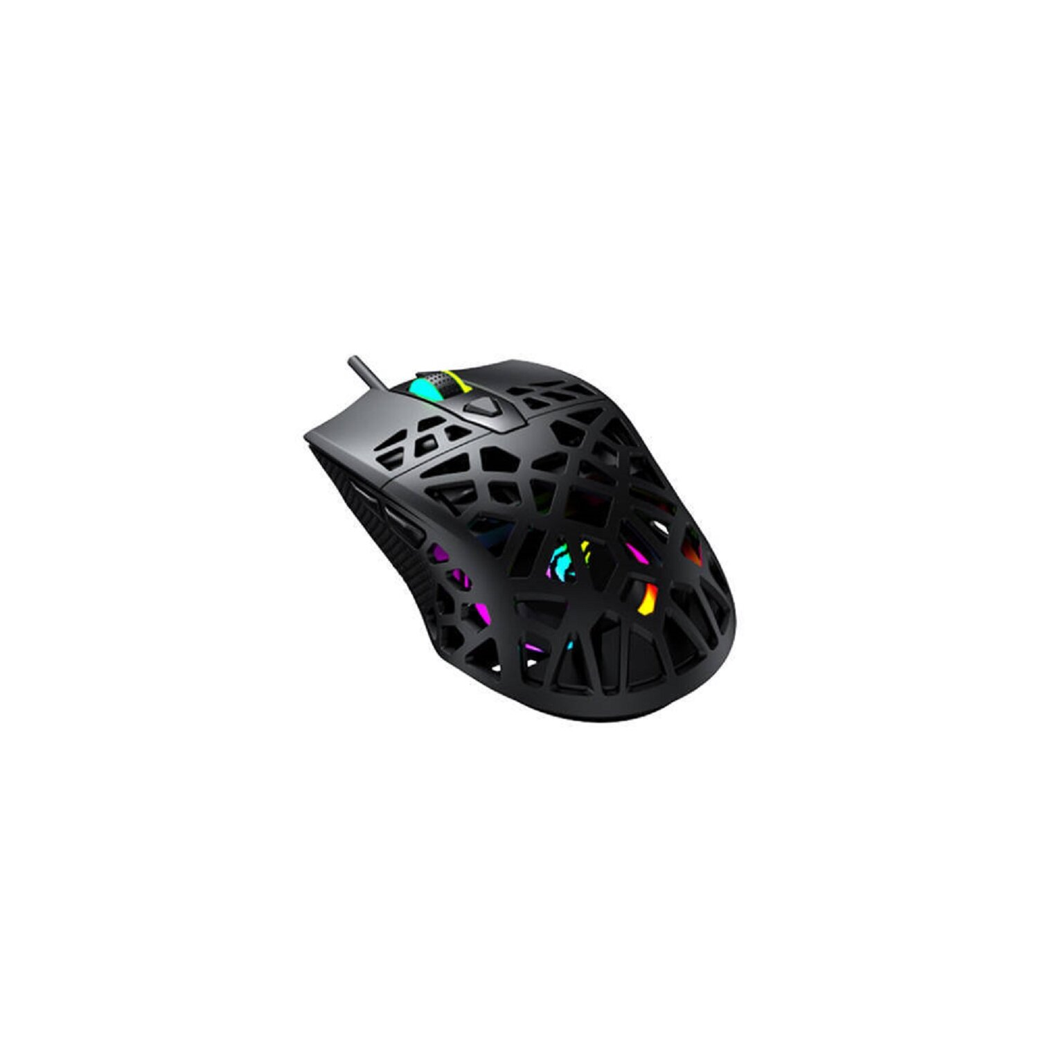 Eine schwarze Gaming-Maus mit Wabenmuster und RGB-Beleuchtung.