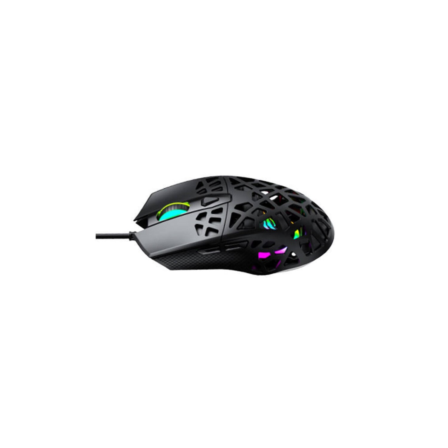 Schwarze Gaming-Maus mit einzigartigem offenem Design und Regenbogenfarben, weißer Hintergrund.