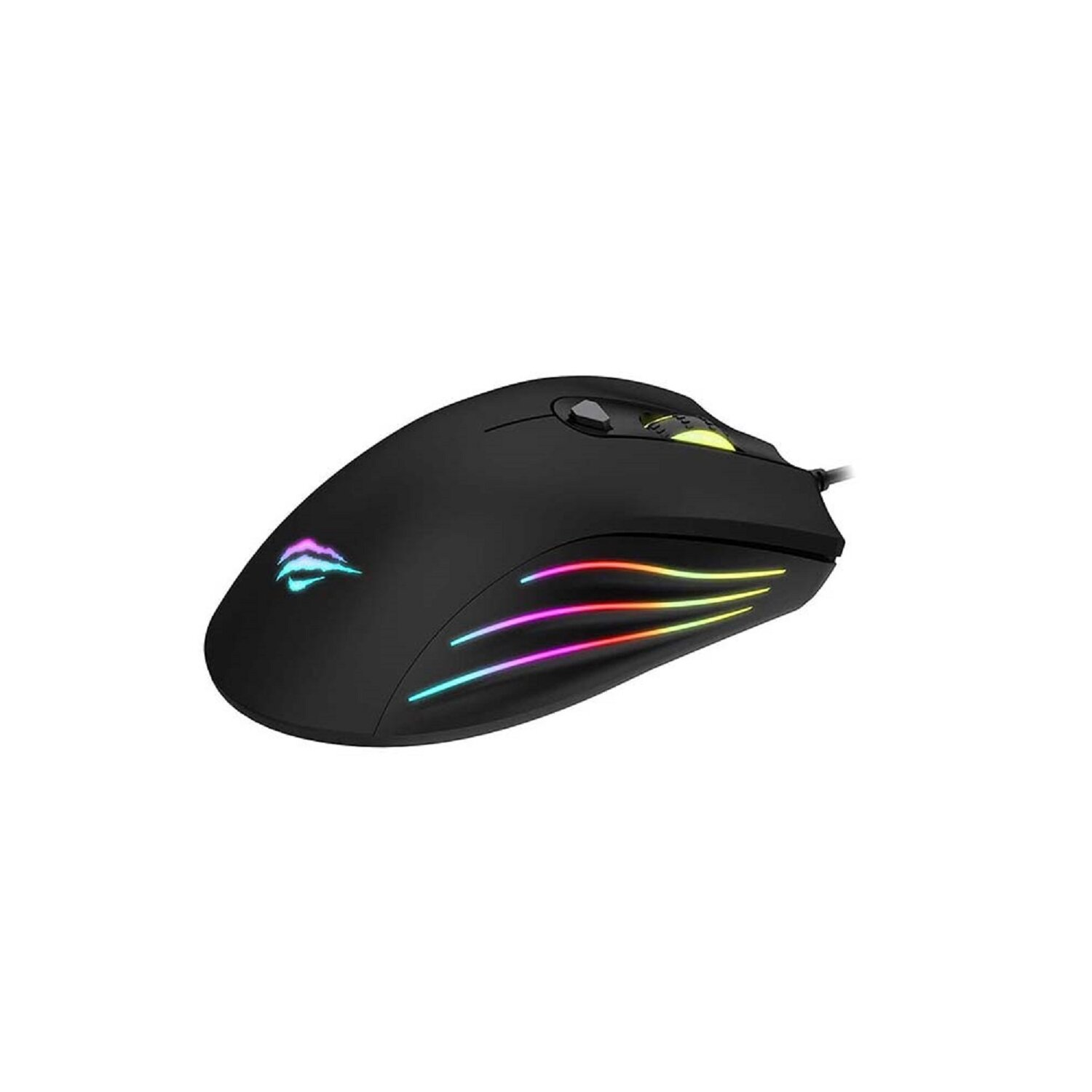 RGB ışıklı siyah oyun faresi. Logo ve kabloya sahip.