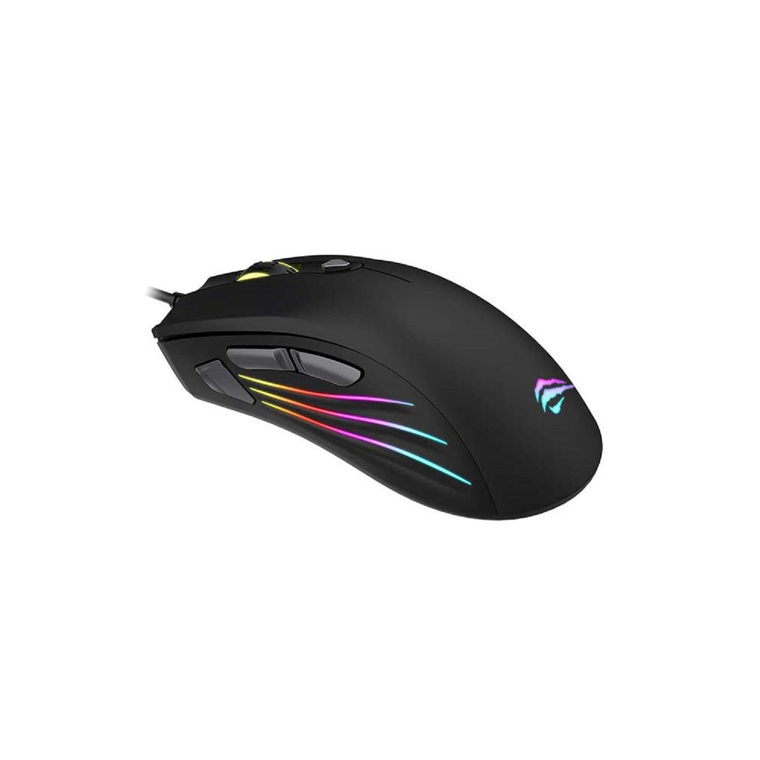 RGB aydınlatmalı ve yan düğmeli siyah bir oyuncu faresi. Beyaz arka plan.