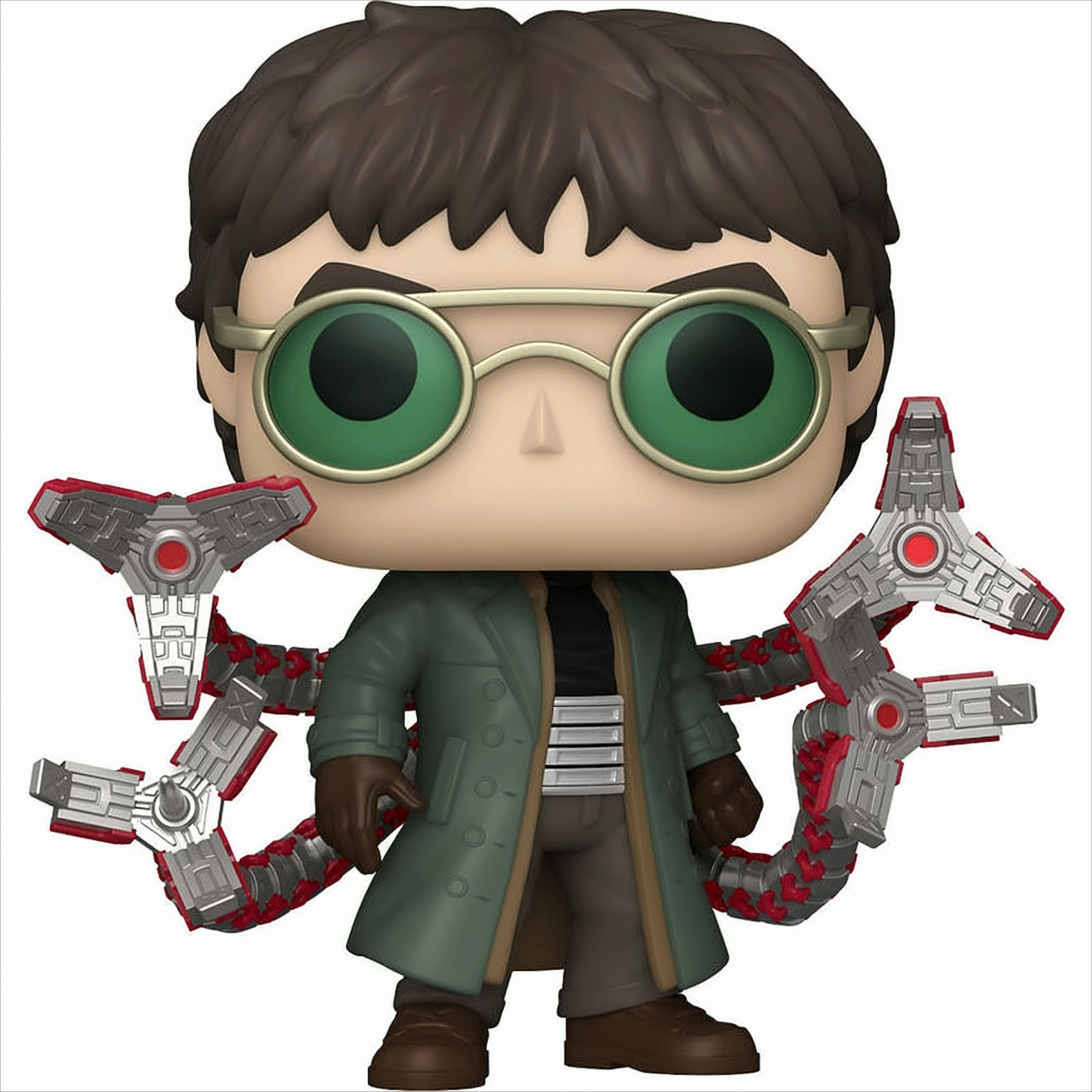 Figura Funko Pop del Doctor Octopus. Lleva gafas, un abrigo verde y tiene cuatro brazos mecánicos.