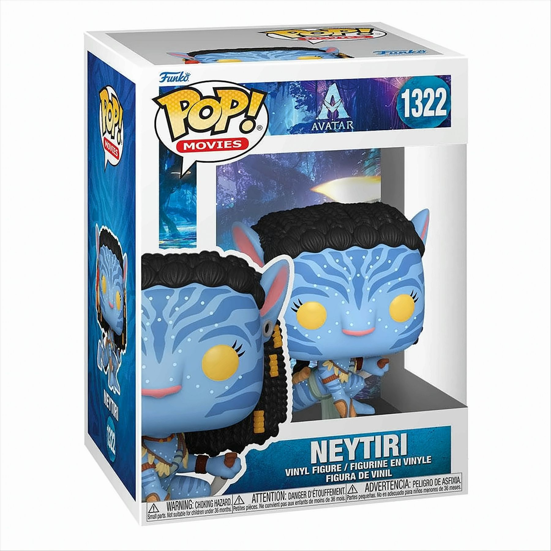 Figura de Neytiri de Avatar en una caja, con vistas frontal y lateral y el logo de la película.