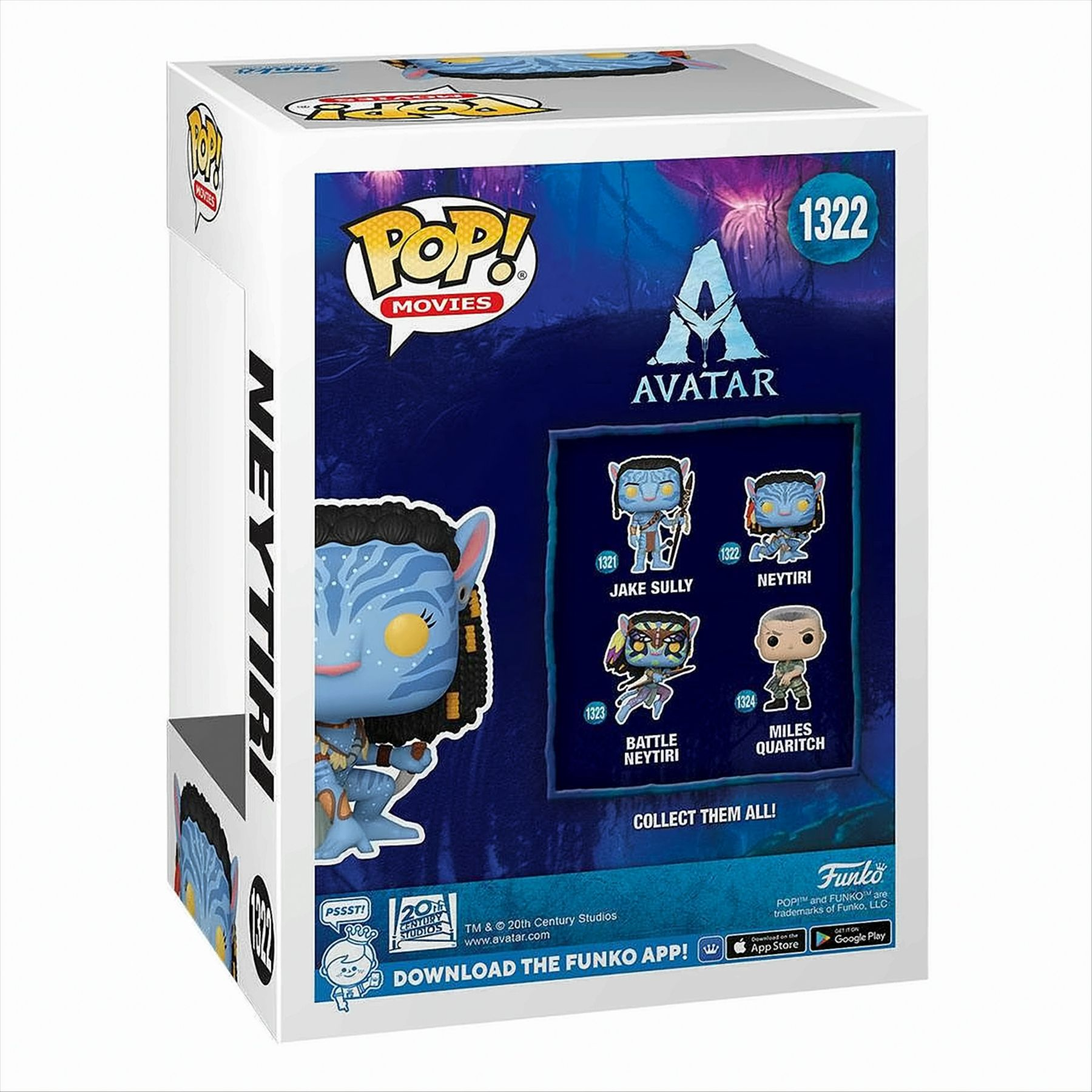 Caja de Avatar Pop! Movies. Se muestran los personajes Jake Sully, Neytiri, Miles Quaritch y Battle Neytiri.