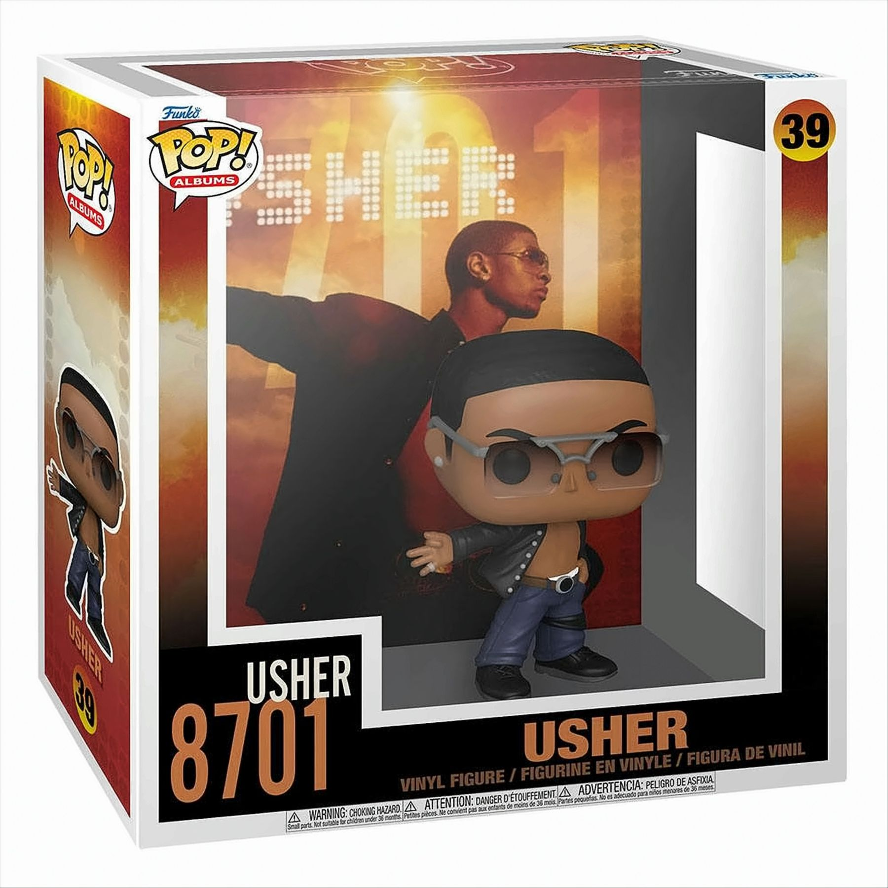 Figura Funko Pop di Usher sulla copertina dell'album. In scatola, con figura in posa. Immagine di Usher.