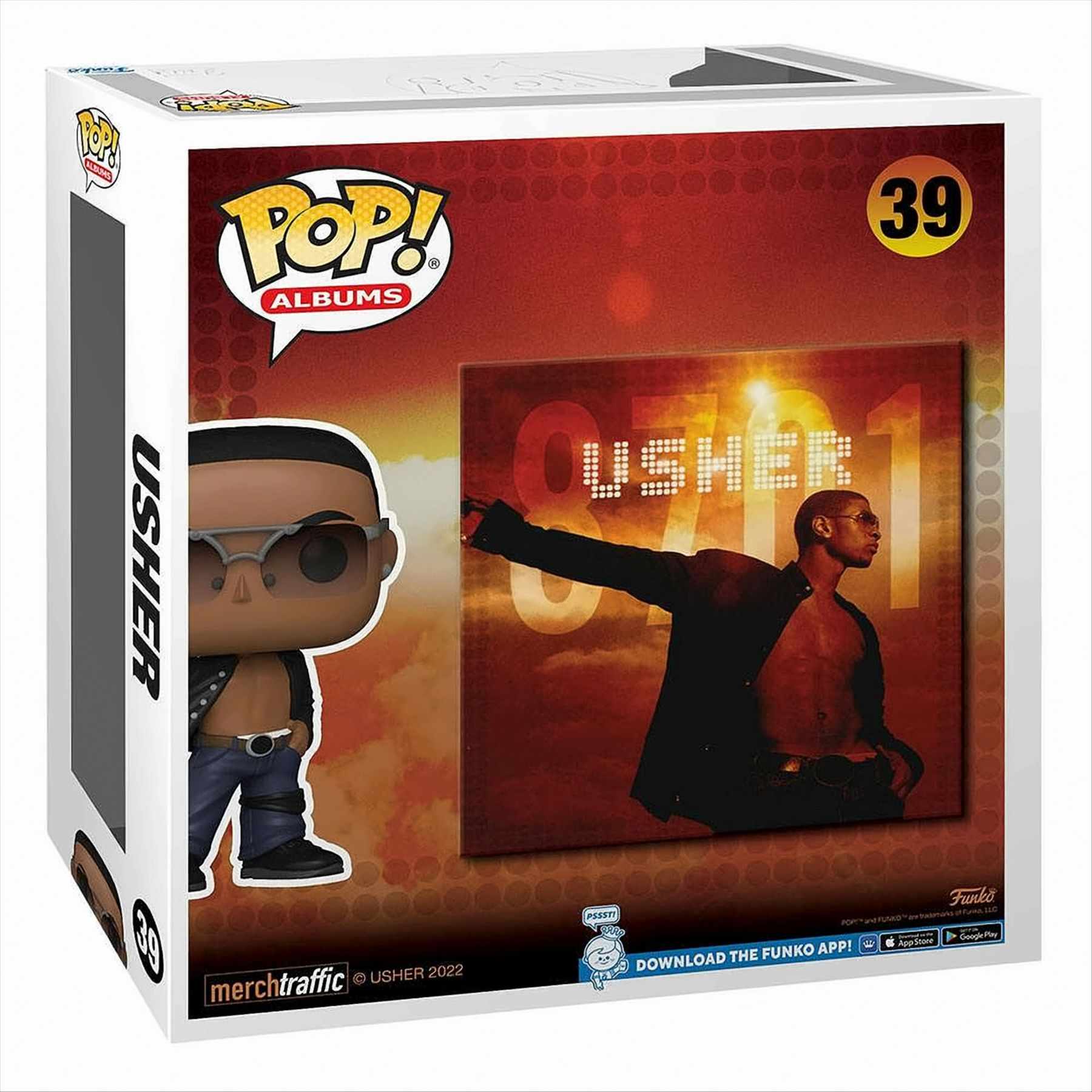 Scatola Funko Pop! con la statuetta di Usher e la copertina dell'album. Sfondo bianco, design rosso e nero.