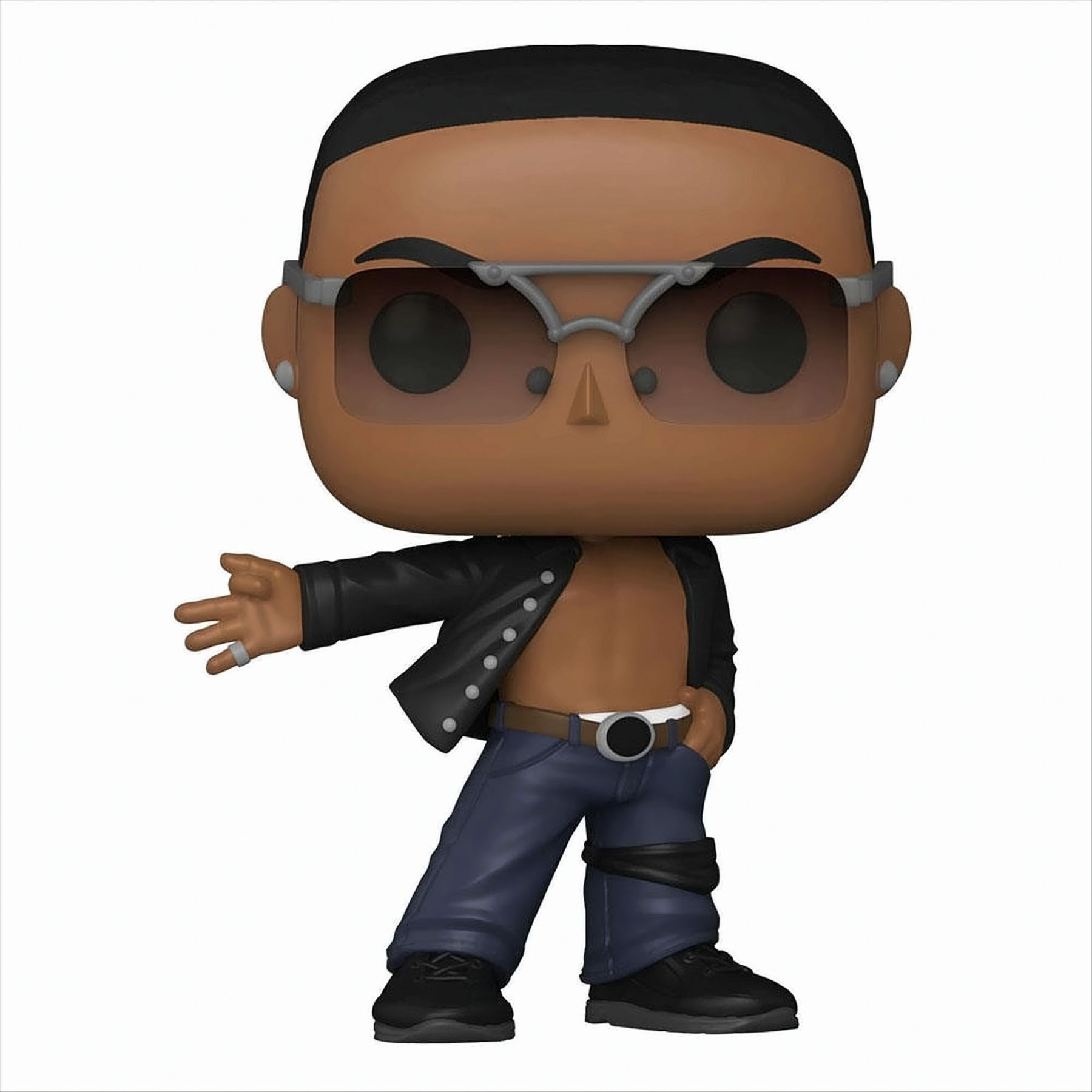 Funko Pop di un uomo con occhiali da sole e giacca nera. A torso nudo, con jeans.