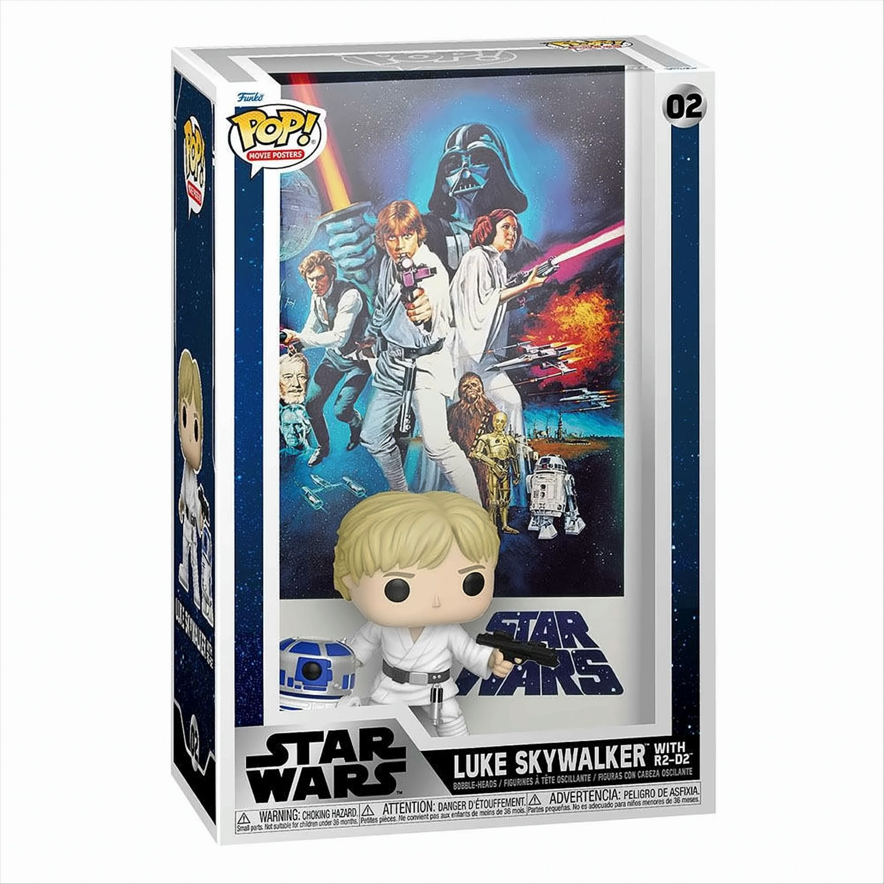 Eine Star Wars-Figurbox zeigt Luke Skywalker mit R2-D2 und einen Hintergrund mit Filmplakaten.