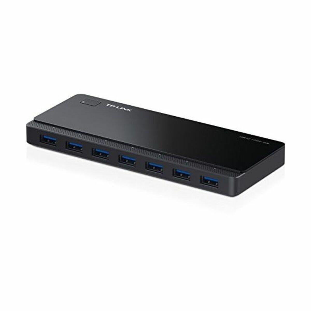 Schwarzer TP-Link USB-Hub mit sieben USB-Anschlüssen, auf weißem Hintergrund.