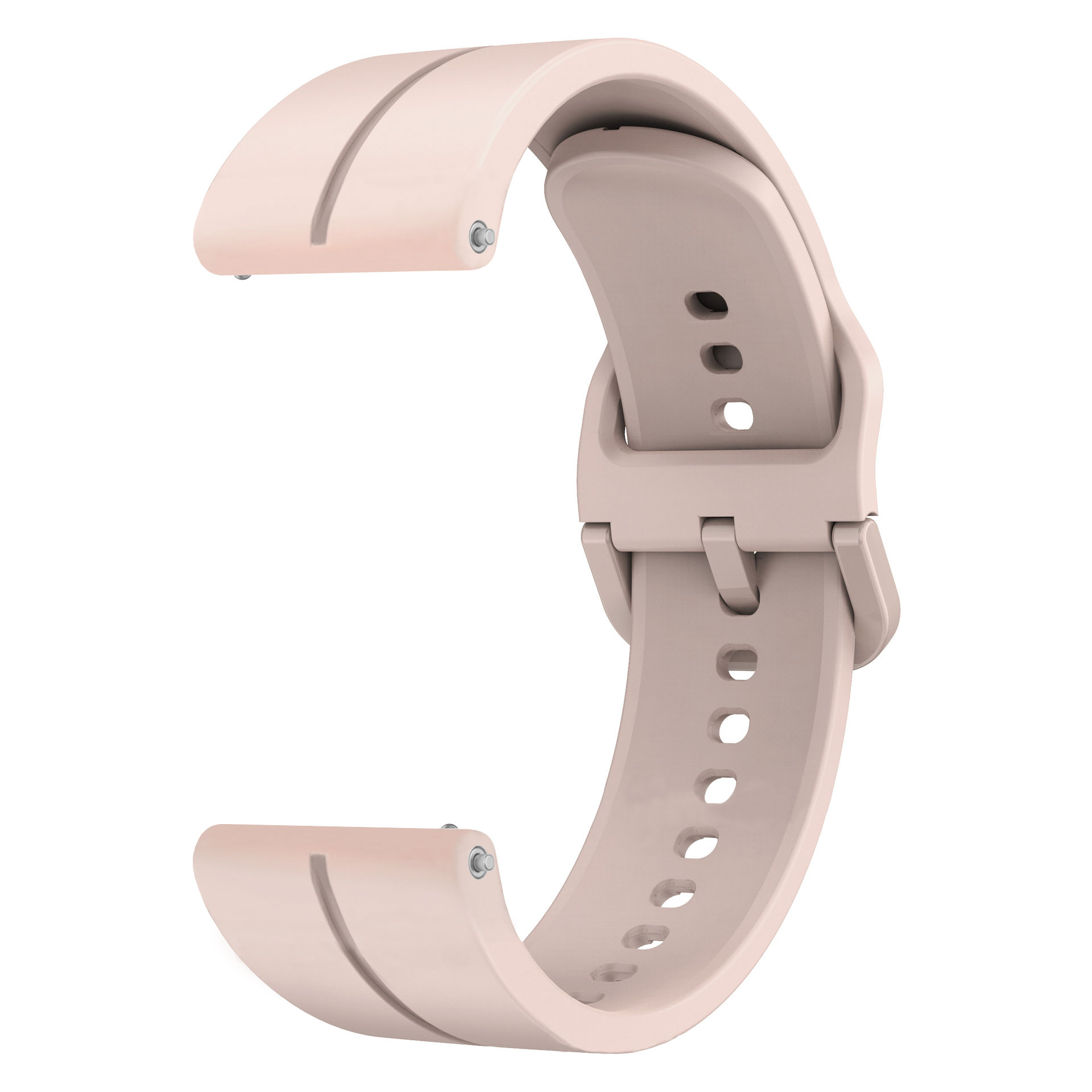 Hellrosa Uhrenarmband. Das Armband ist gebogen und hat an jeder Seite zwei Befestigungspunkte.