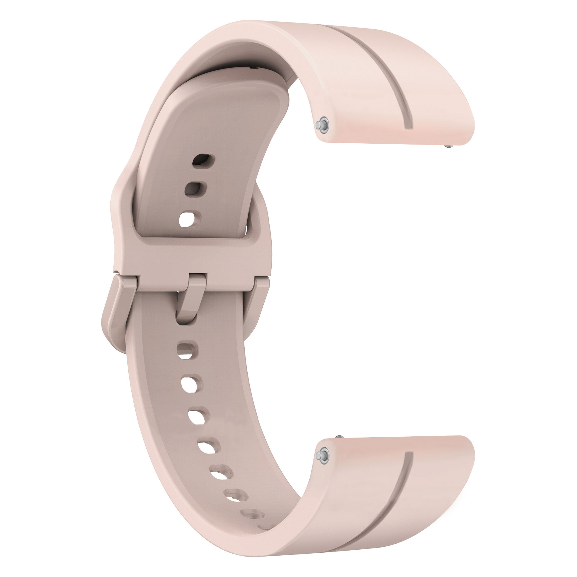 Ein hellrosa Smartwatch-Armband mit Schnalle und zwei kleinen Stiften zur Befestigung.