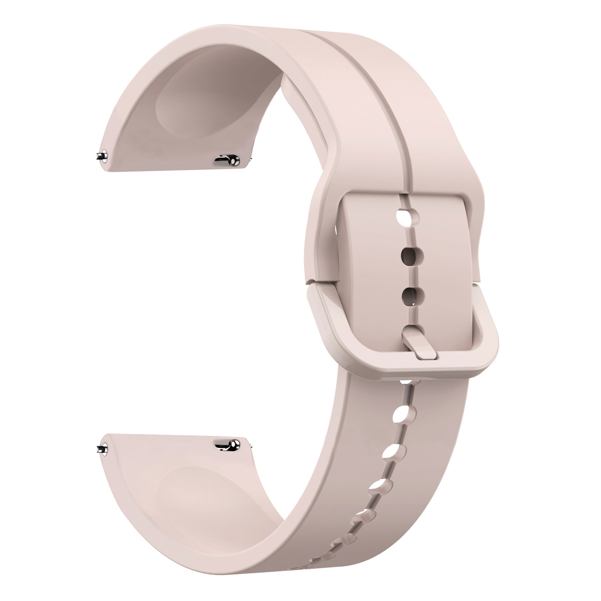 Ein hellrosa Uhrenarmband mit einer Schnalle. Das Band ist gebogen und hat einen einzelnen Streifen in der Mitte.