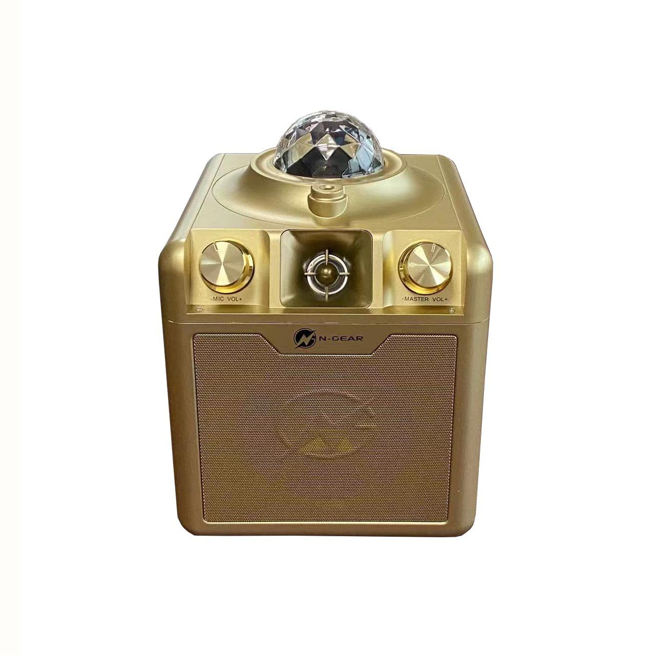 Altoparlante Bluetooth color oro con una palla da discoteca sulla parte superiore, due controlli del volume.
