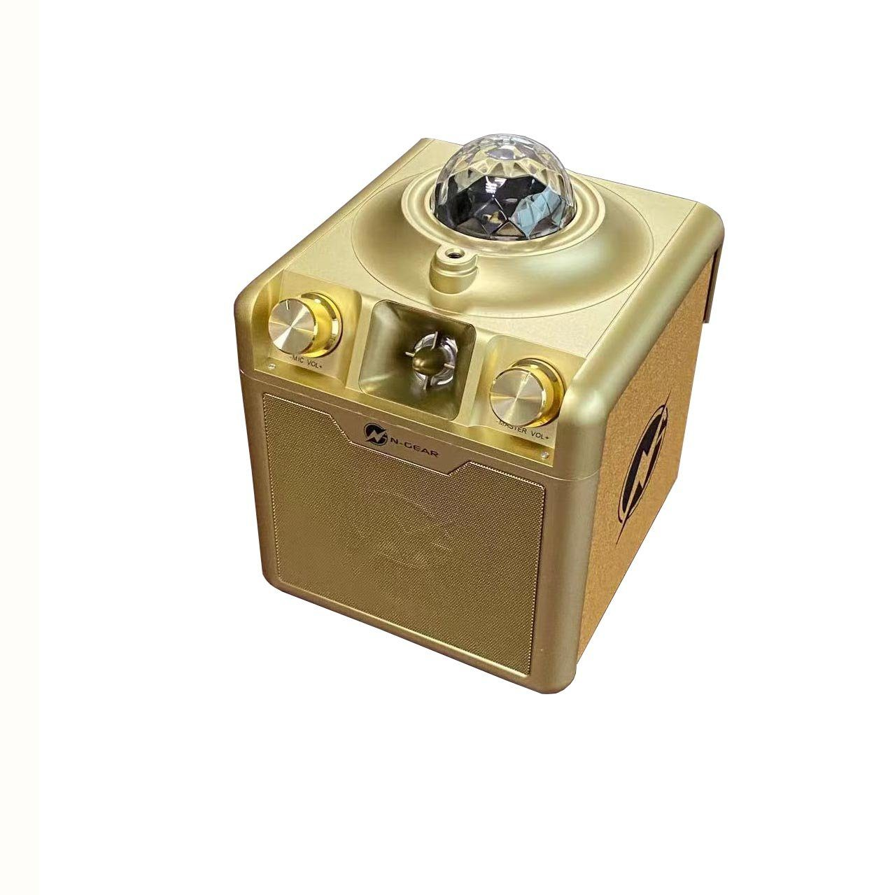 Un altoparlante dorato a forma di cubo con una palla da discoteca sulla parte superiore e manopole di controllo sulla parte anteriore.