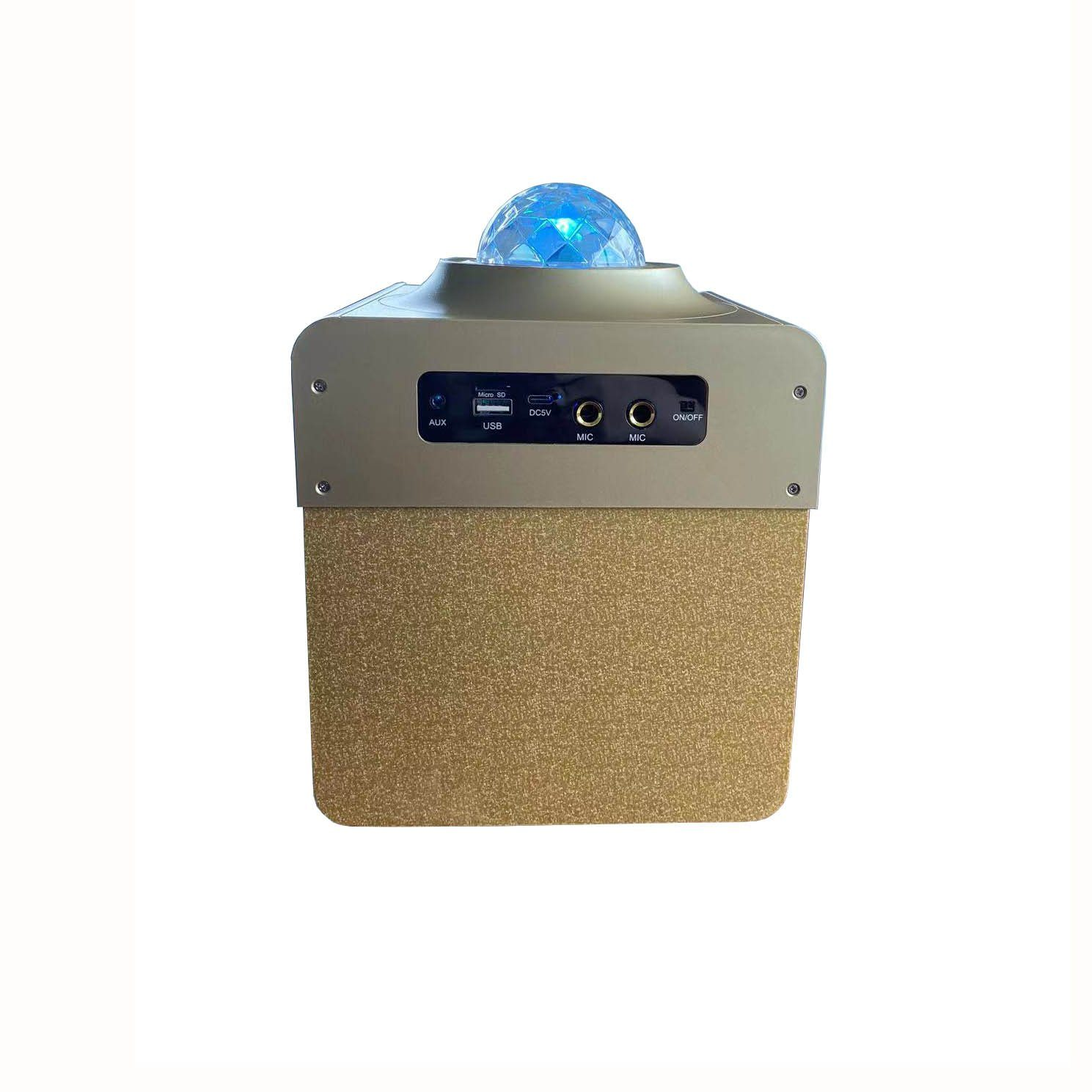 Un altoparlante dorato con una luce blu sulla parte superiore. Ha porte AUX, USB, DC5V e MIC, con un interruttore on/off.