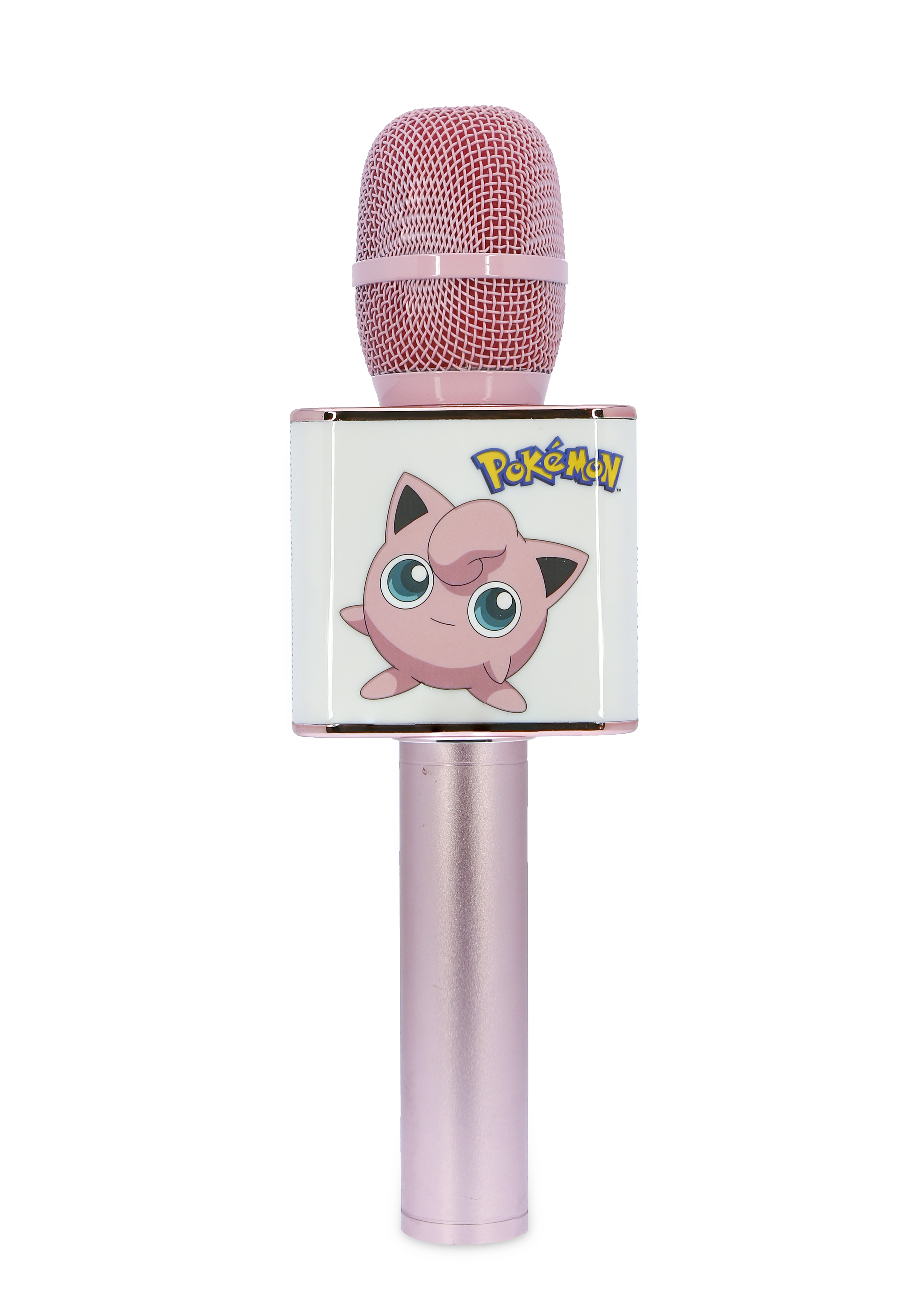 Microfono karaoke rosa con immagine di Jigglypuff dei Pokémon. Sfondo bianco.
