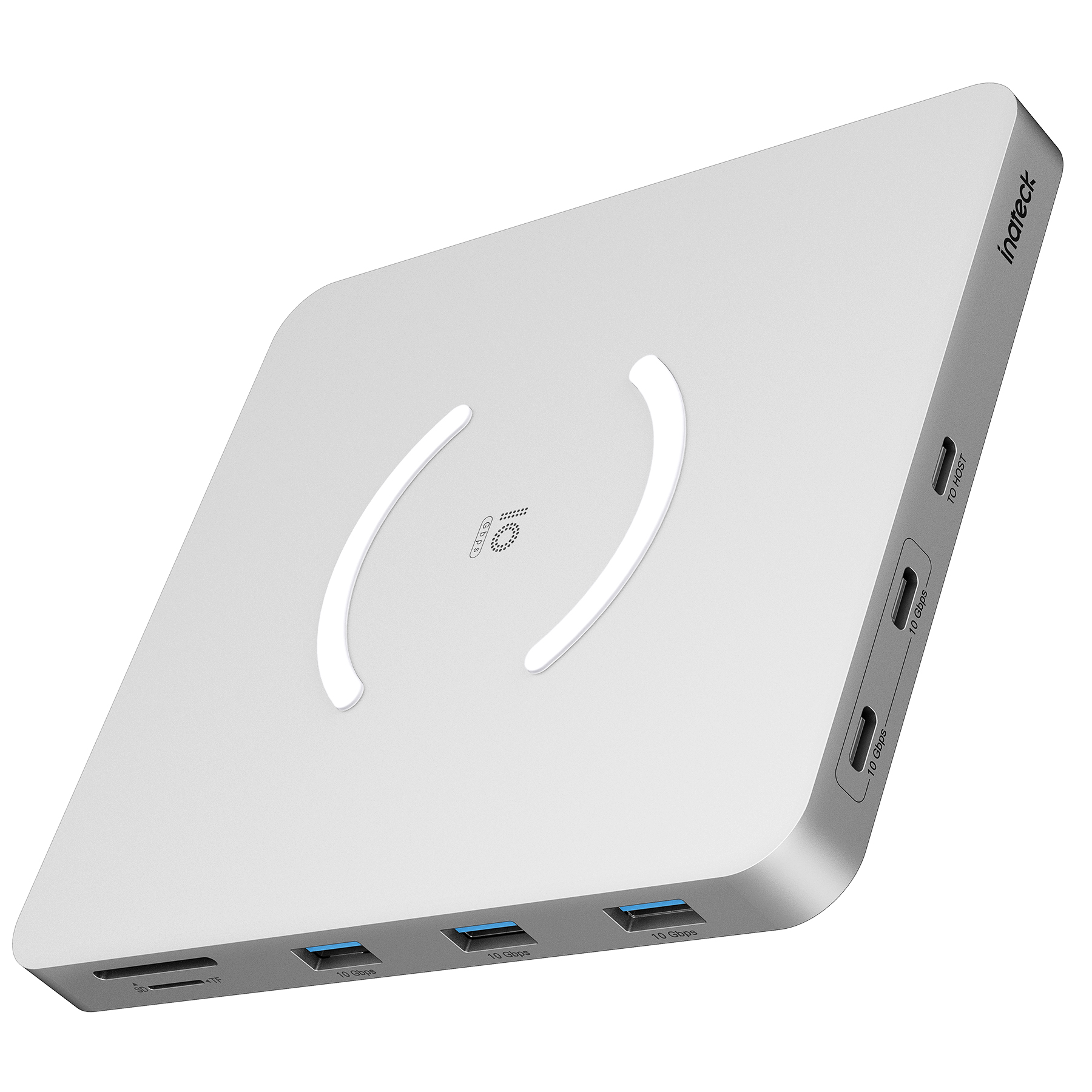 Weißer Ladehub mit USB-Anschlüssen. Oben befindet sich ein kabelloser Ladebereich.