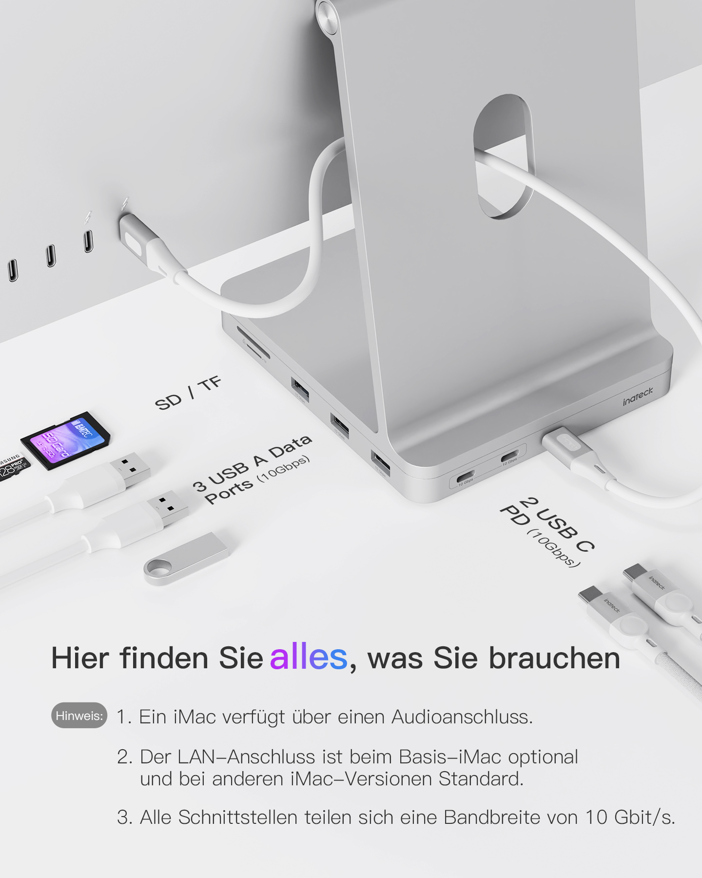 Silberne Dockingstation mit mehreren Anschlüssen und angeschlossenen Kabeln. Text auf Deutsch.
