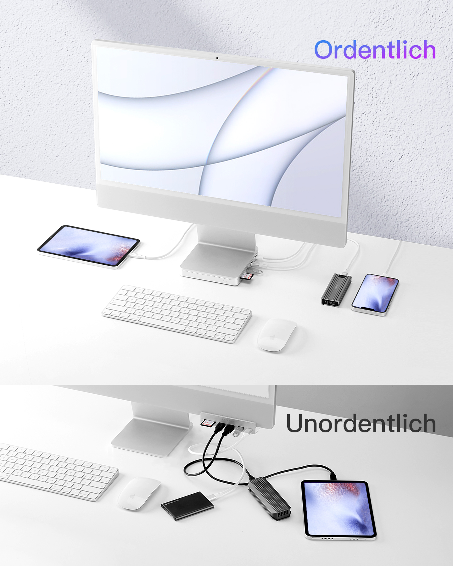 Schreibtisch, unordentlich und organisiert. Computer, Tablet, Telefon und Elektronik.