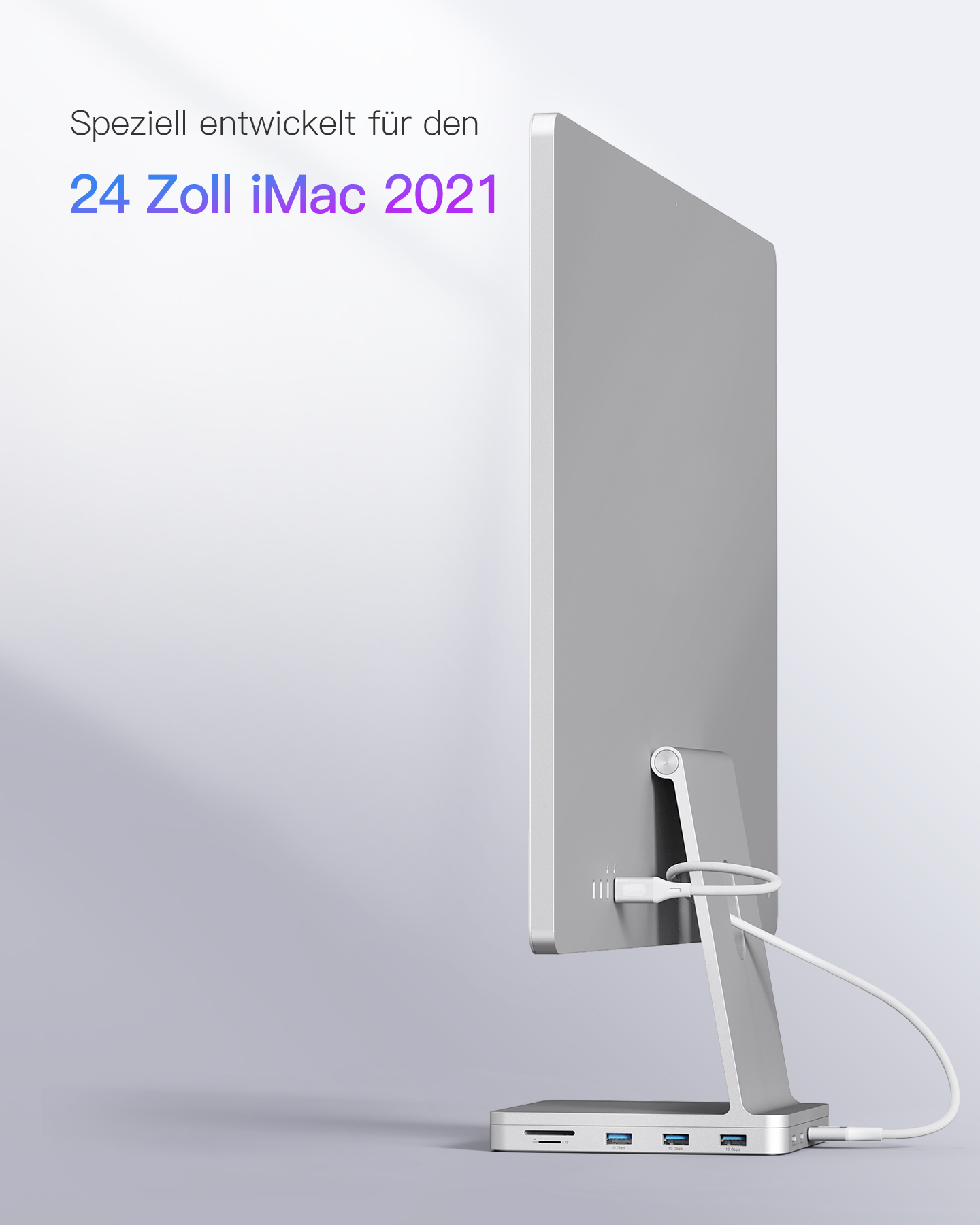 Silberner iMac-Bildschirm mit Ständer und Kabel.