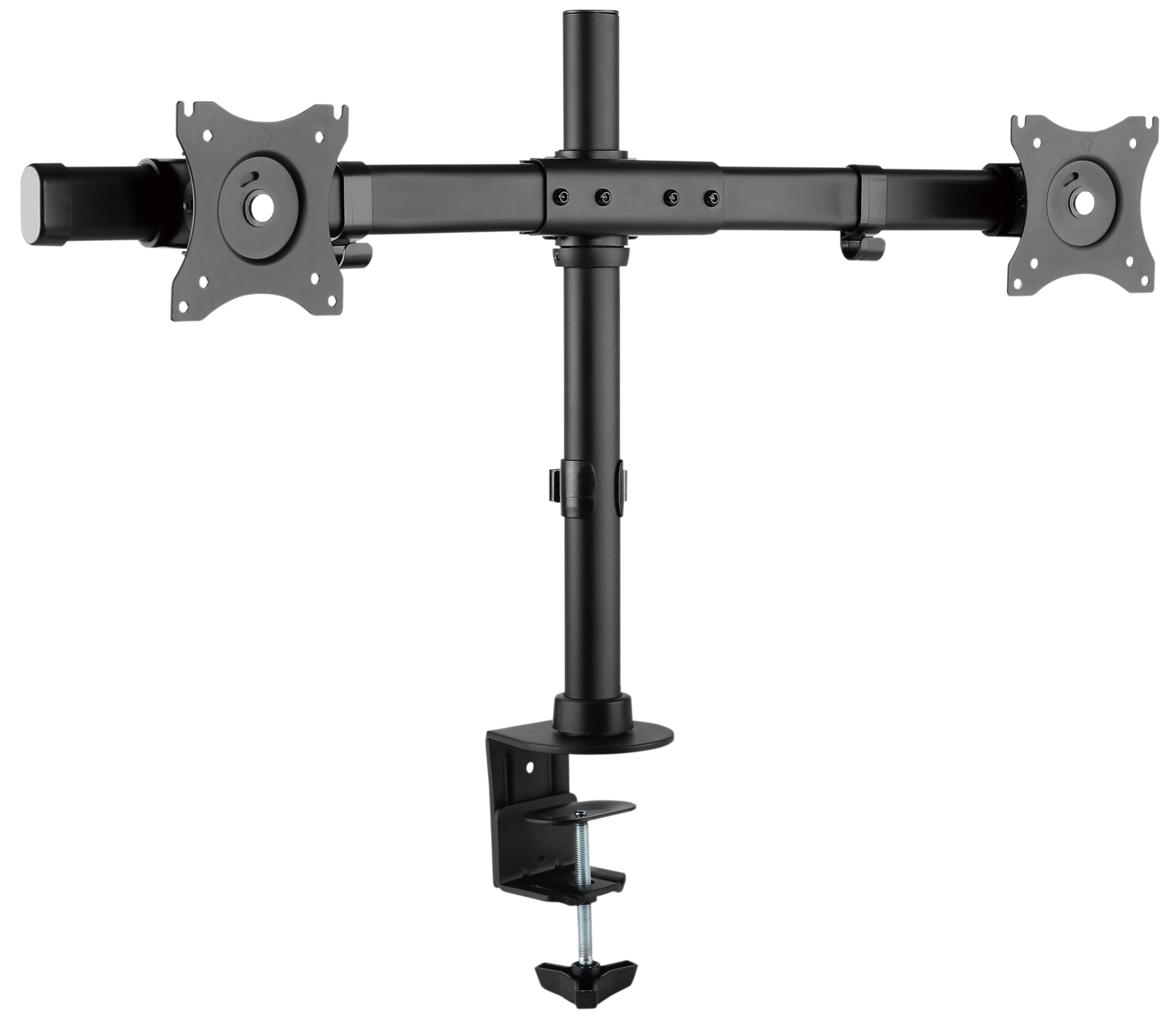 Schwarzer Doppelmonitor-Armhalter. Horizontaler Balken mit Monitorhalterungen, vertikaler Pfosten und Schreibtischklemme.