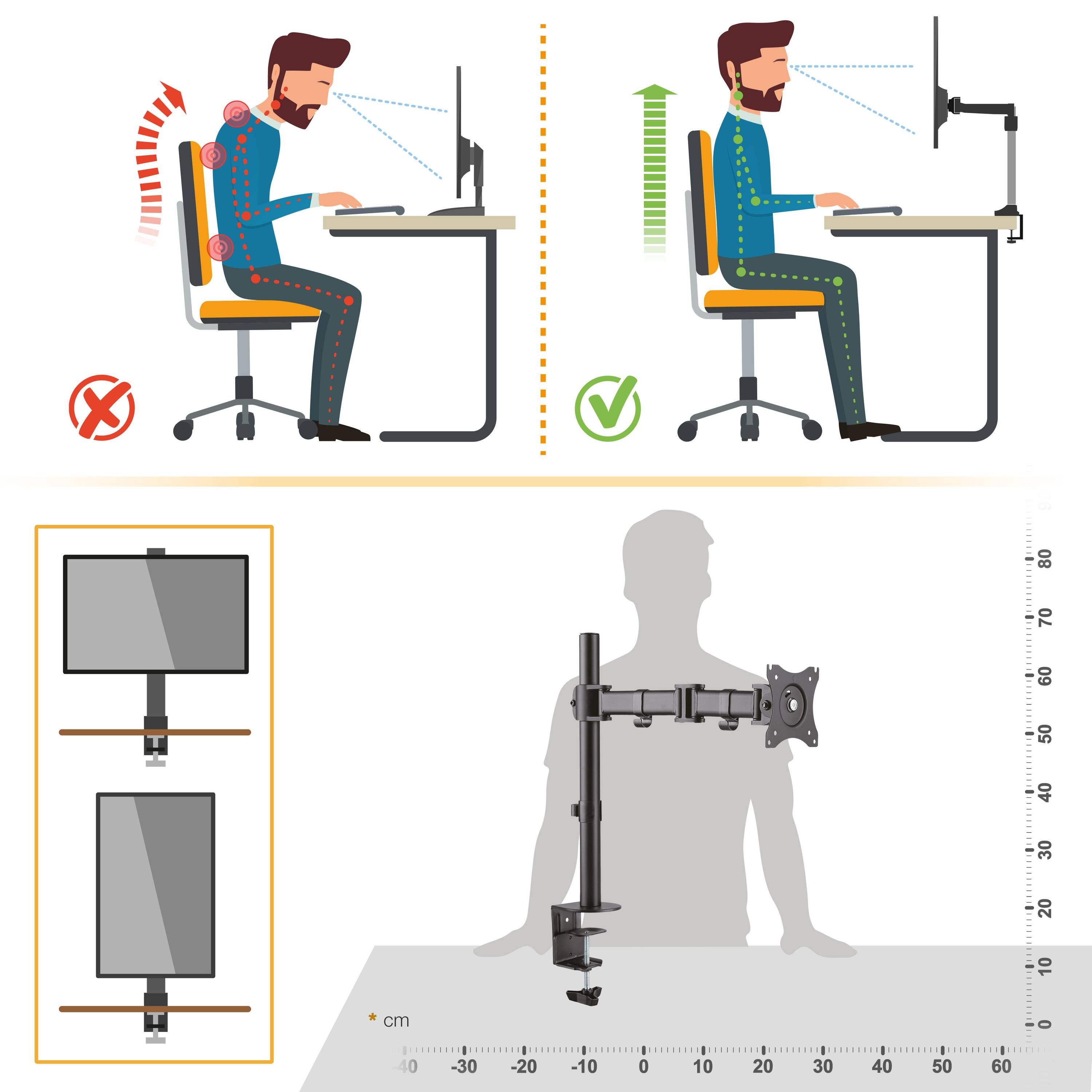 Diagramm, das eine gute und schlechte Körperhaltung zeigt. Außerdem ein Monitorständer mit Maßen.