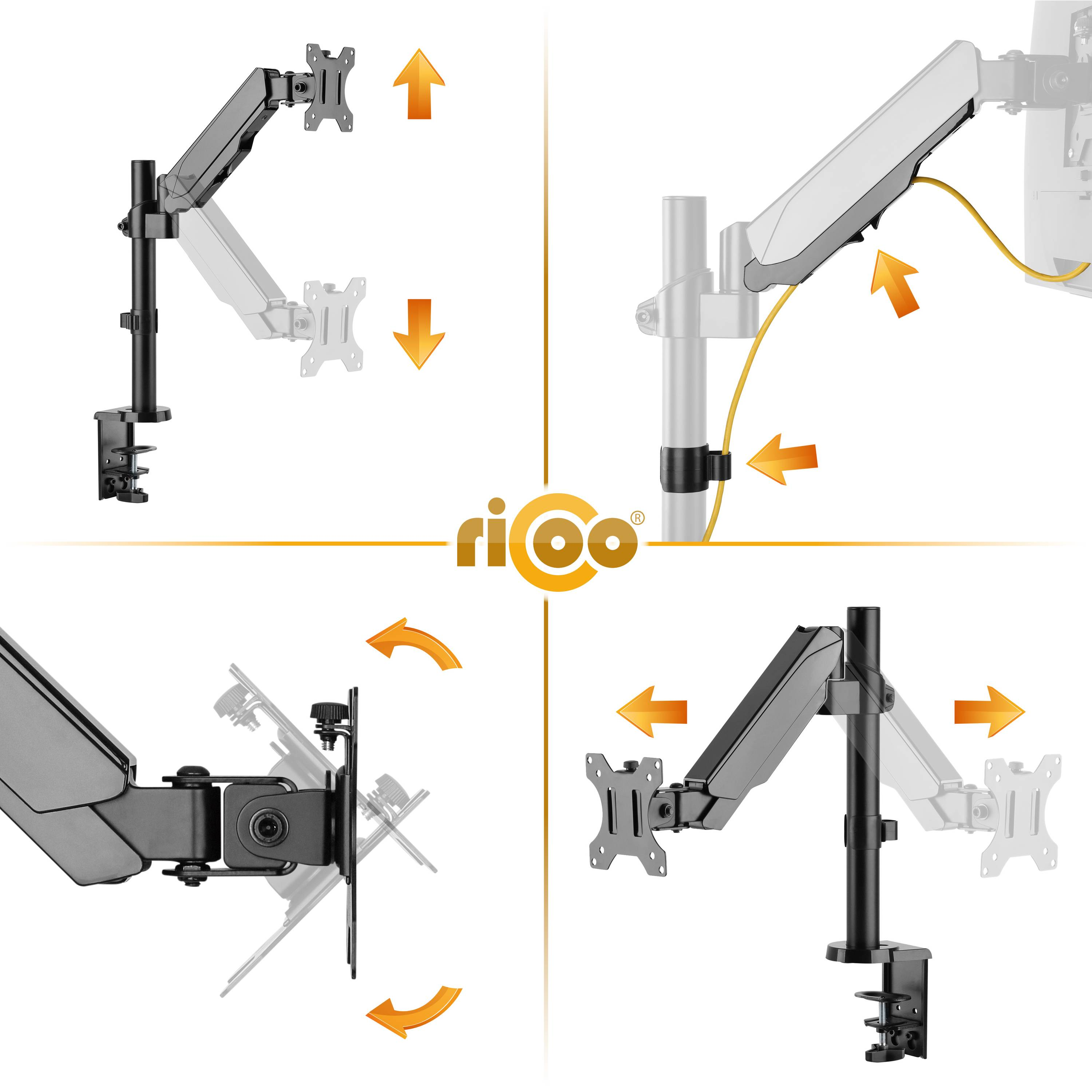Diagramm von Monitorarmen mit Einstellpfeilen auf weißem Hintergrund.