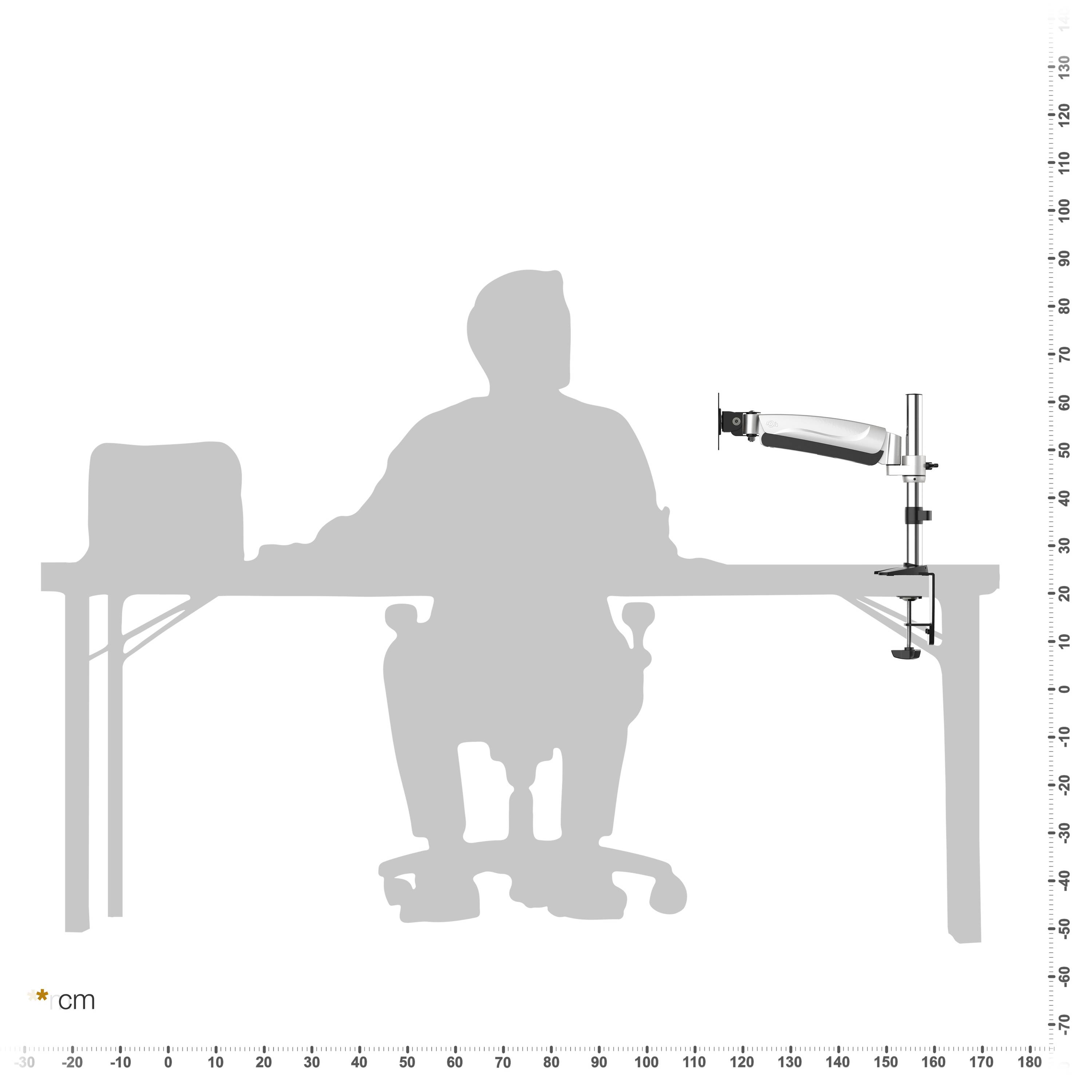 Silhouette einer Person am Schreibtisch. Monitorarm und Stuhl sichtbar. cm-Skala rechts und unten.