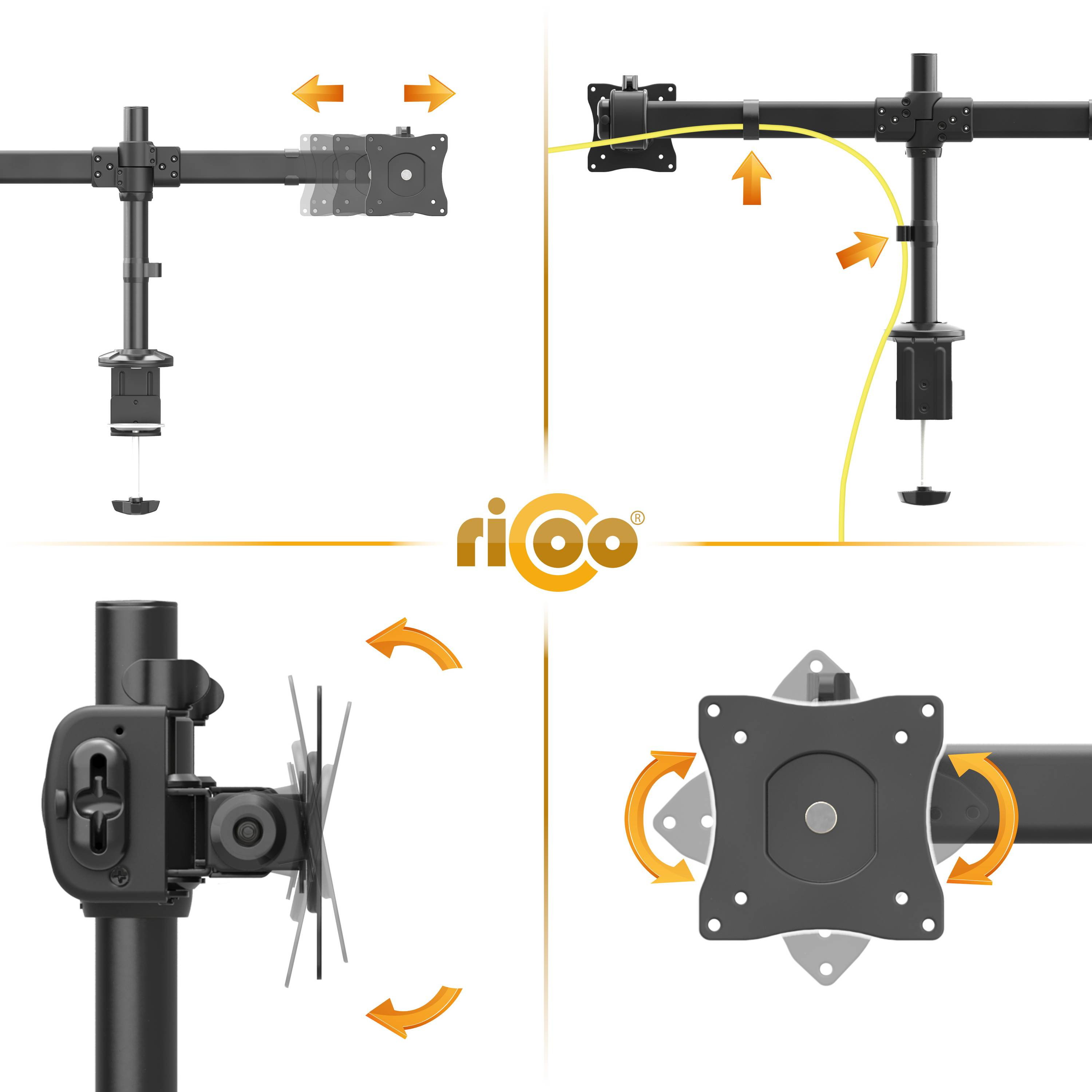 Diagramme, die Einstellungen für einen Monitorarm zeigen, mit Pfeilen zur Bewegung.