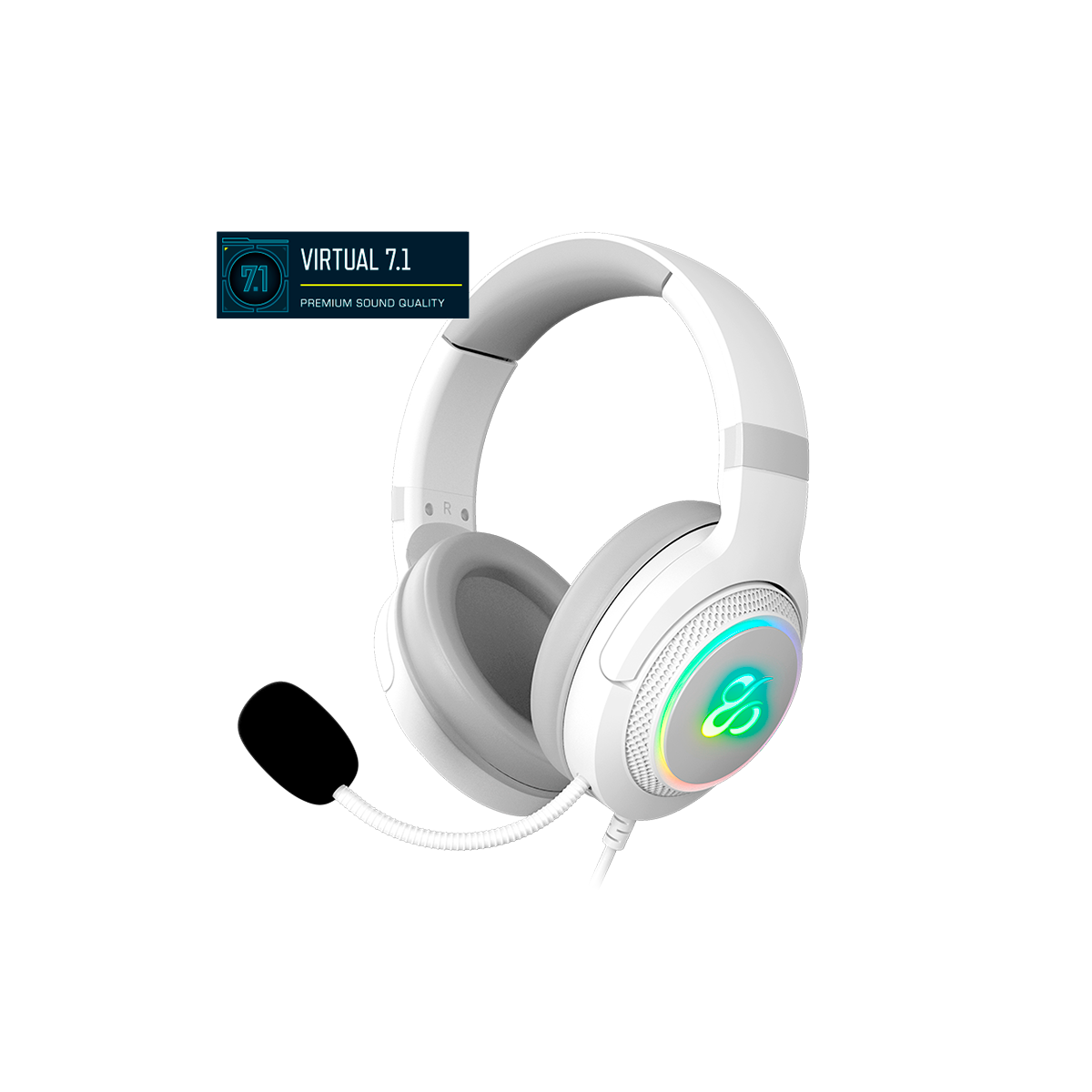 Białe słuchawki gamingowe z mikrofonem, wirtualnym dźwiękiem przestrzennym 7.1 i światłami RGB.