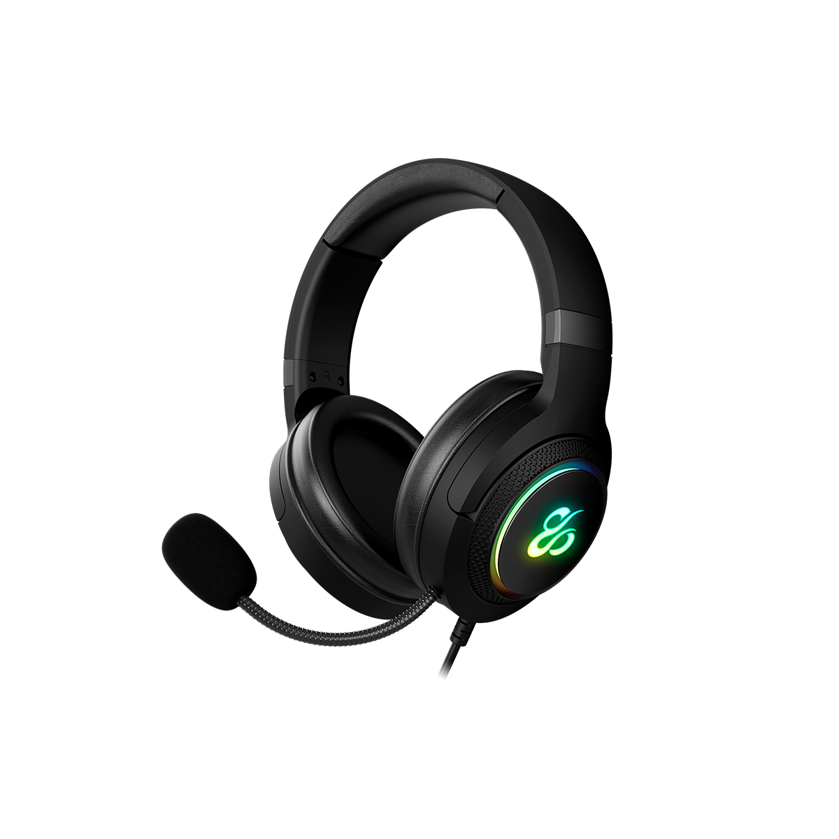 Czarny zestaw słuchawkowy dla graczy z mikrofonem. Ma oświetlenie RGB na nausznikach.