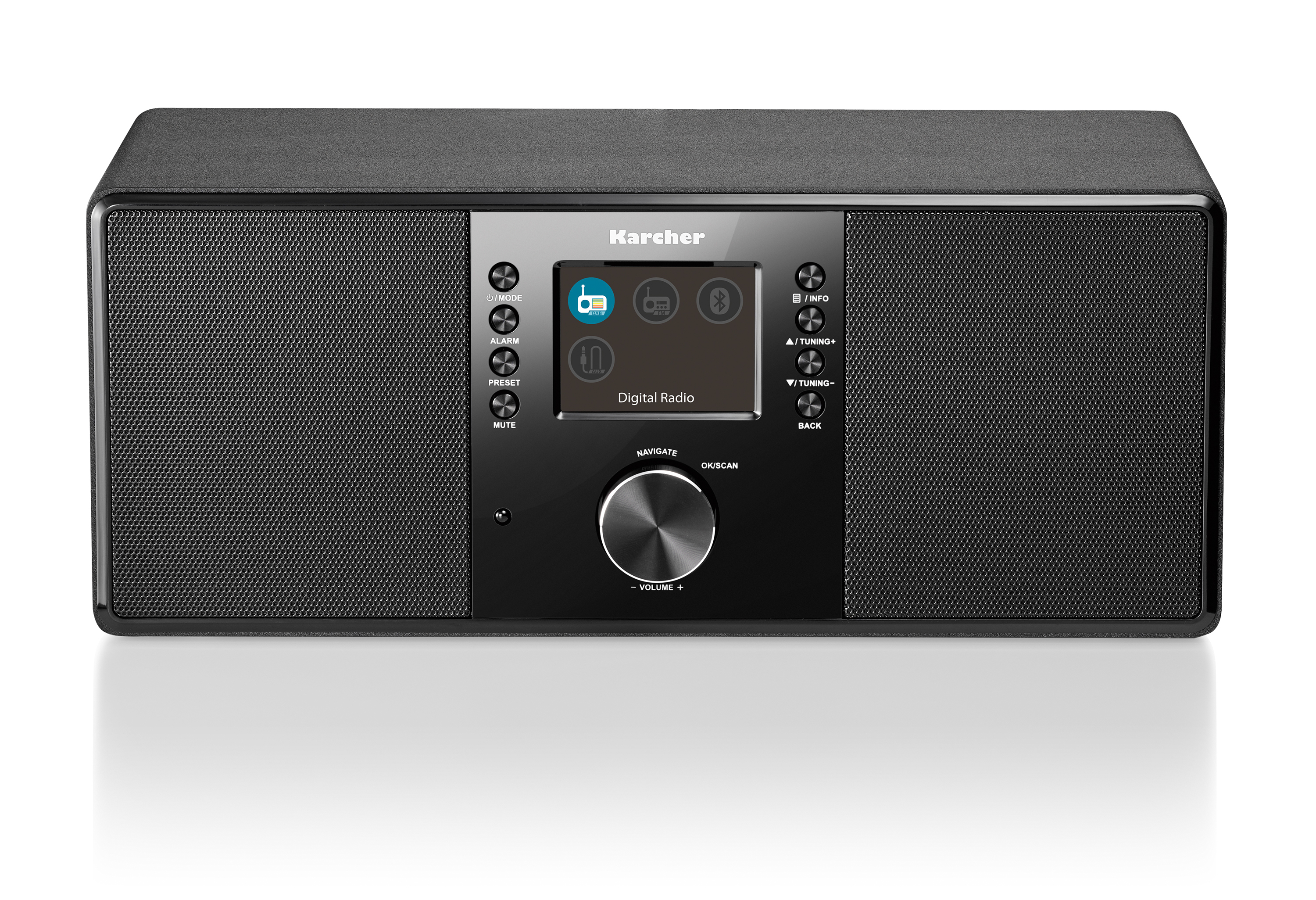 Radio digitale nera con controlli e display. Marchio Karcher.