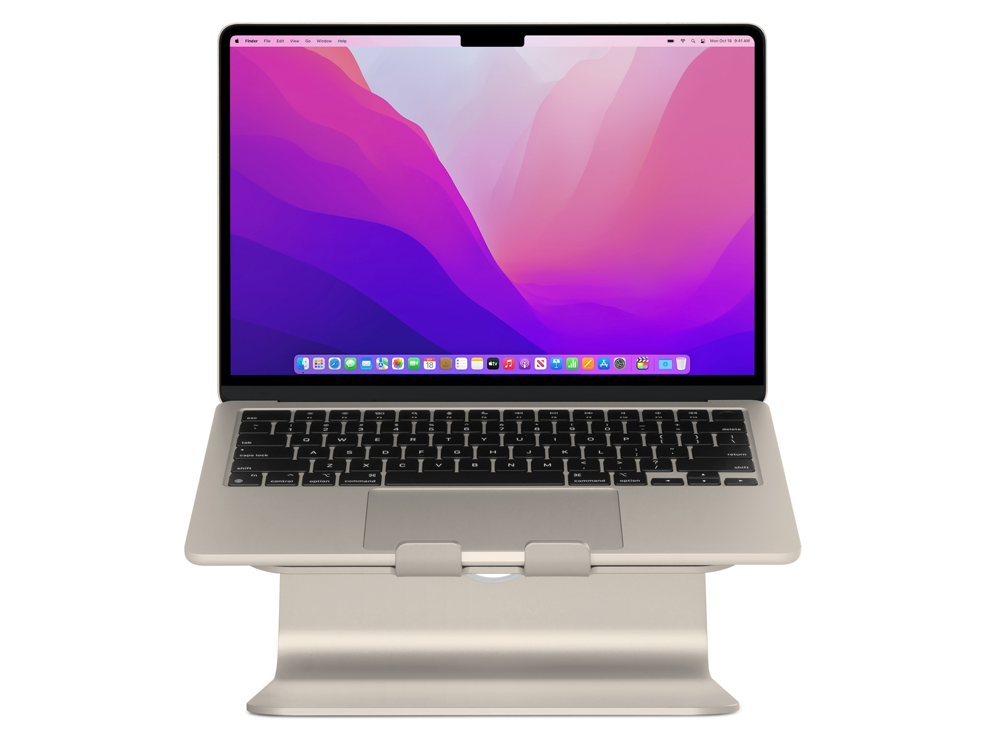 Laptop auf Ständer, Bildschirm an, mit lila und pinkfarbenem Hintergrund.