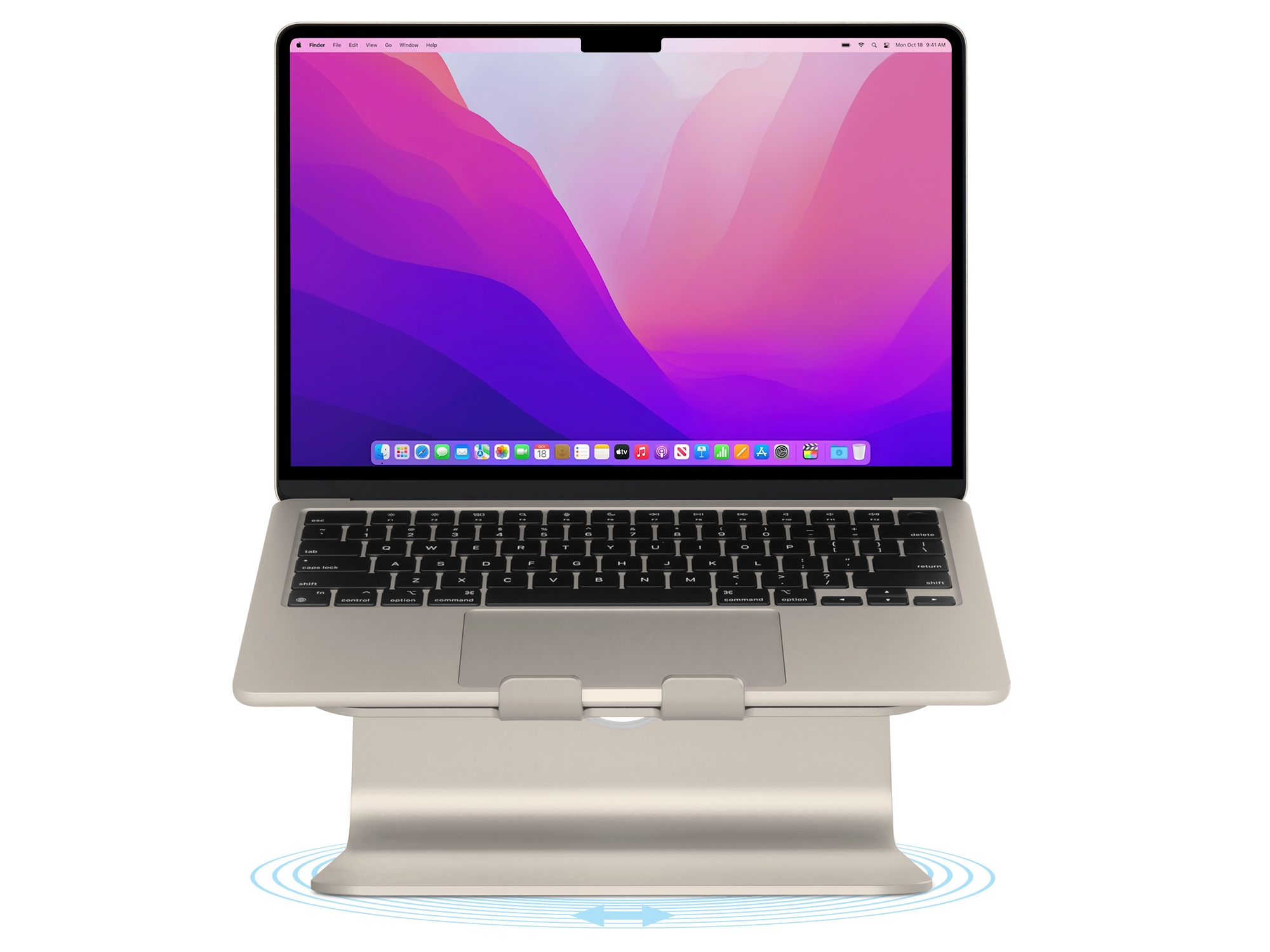 Ein Laptop auf einem silbernen Ständer mit einem Monitor, der einen lila und hellvioletten Hintergrund anzeigt.