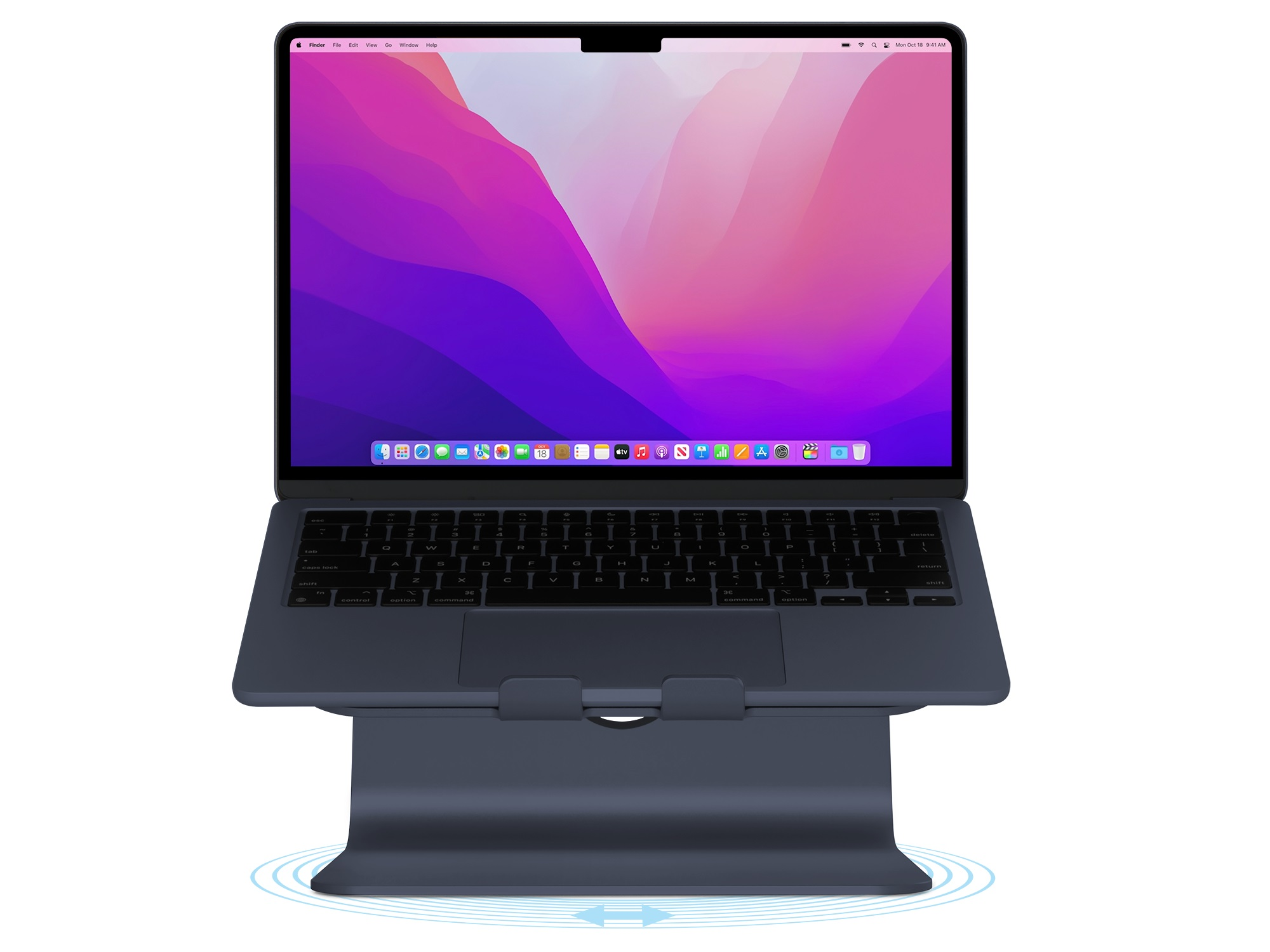 Laptop auf einem Ständer, der einen Laptop mit einem Bildschirm mit buntem Hintergrund und einen Ständer zeigt.
