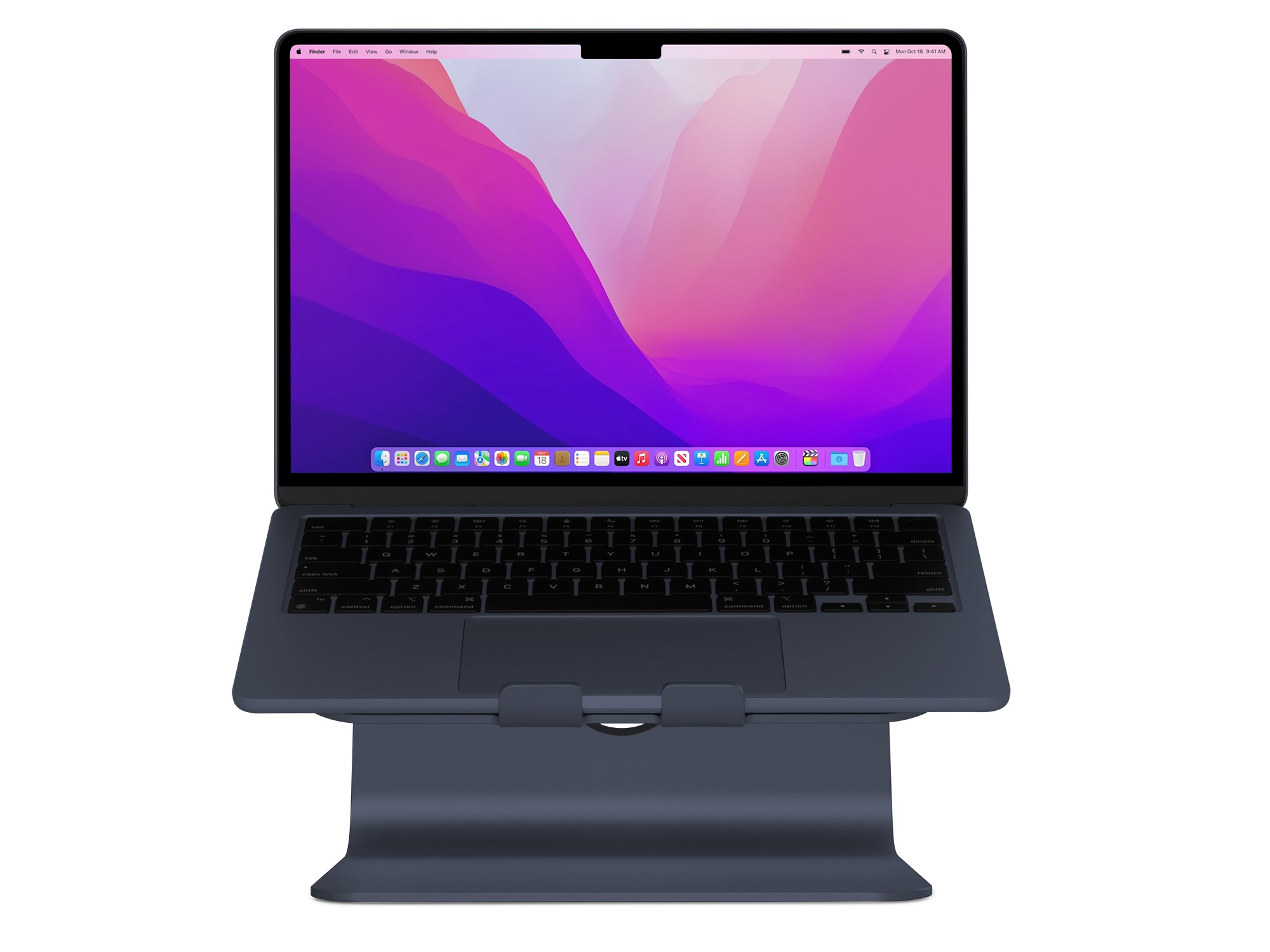 Laptop auf einem Ständer, Bildschirm zeigt einen lila und rosa Farbverlauf.