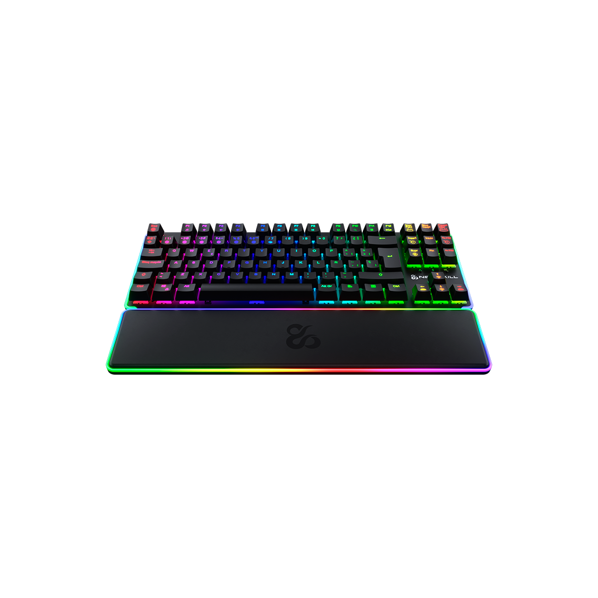 Czarna klawiatura z tęczowymi diodami LED i podpórką pod nadgarstek na czarnym tle.