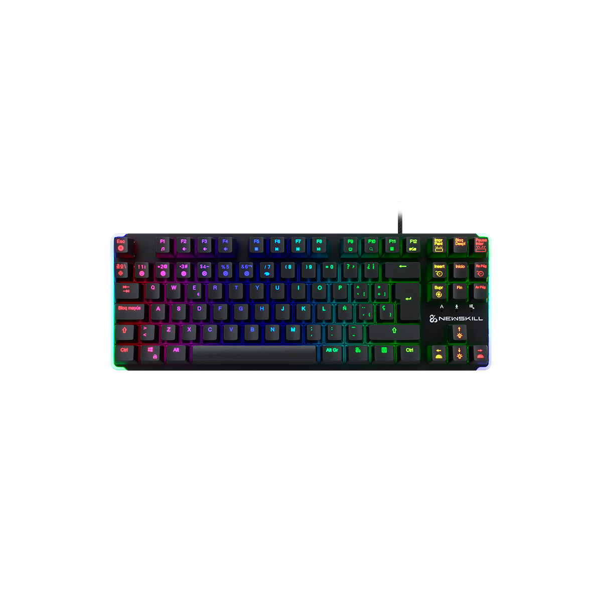 Podświetlana mechaniczna klawiatura z tęczowymi klawiszami. Klawiatura jest czarna.