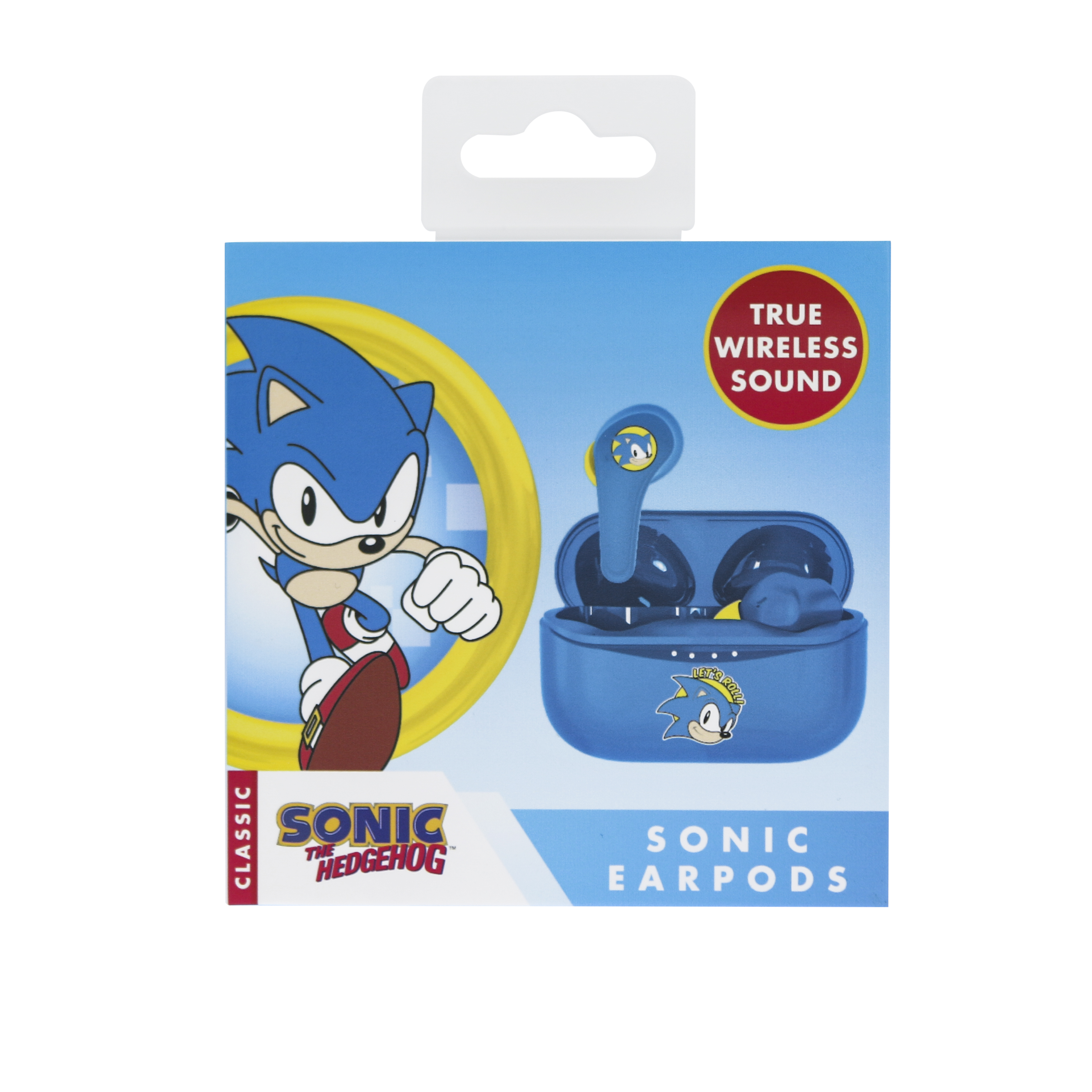 Pudełko na słuchawki Sonic The Hedgehog. Niebieski i żółty design z postacią Sonica i tekstem True Wireless Sound.