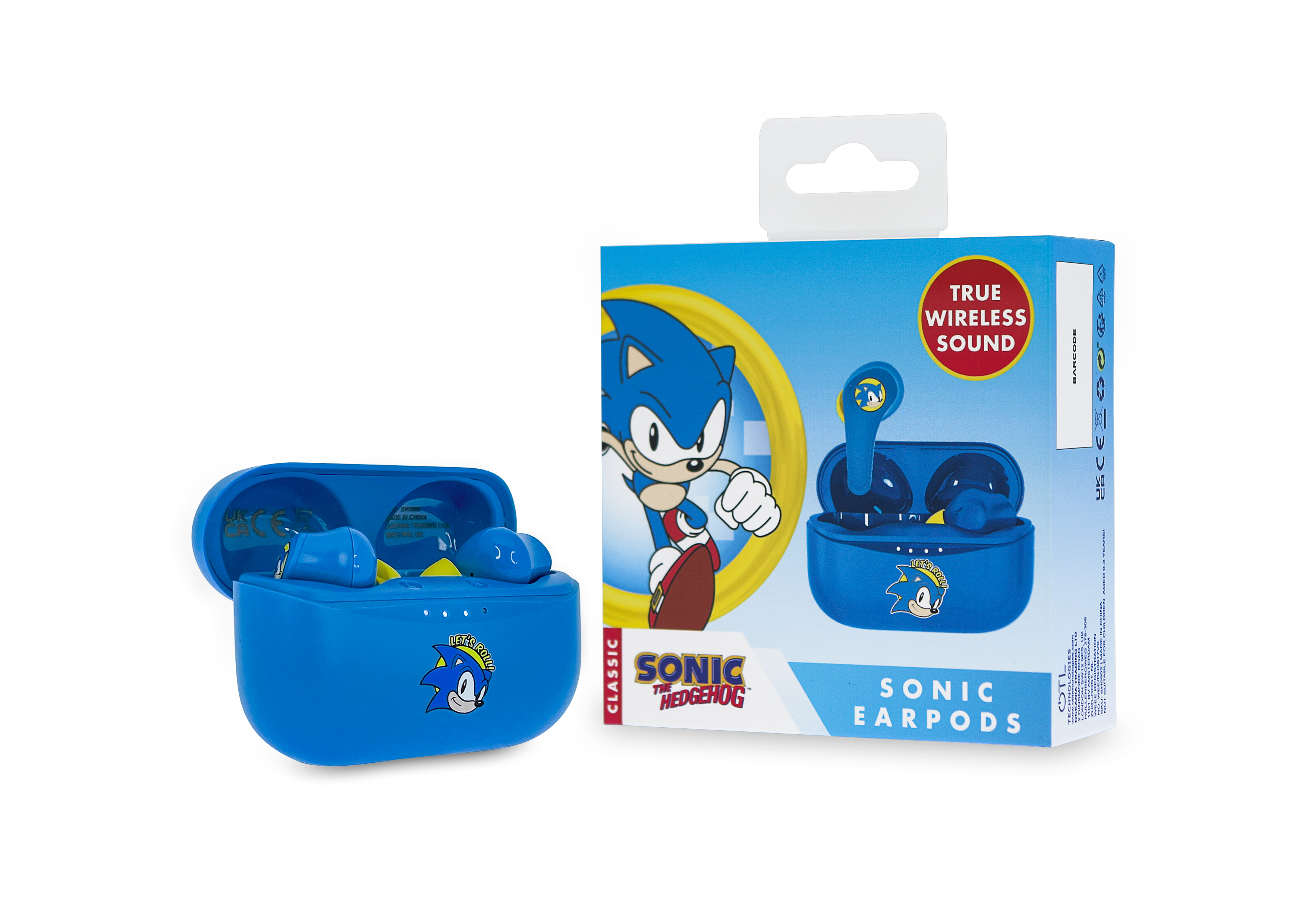 Słuchawki Sonic, niebieskie etui ładujące i opakowanie produktu na białym tle.