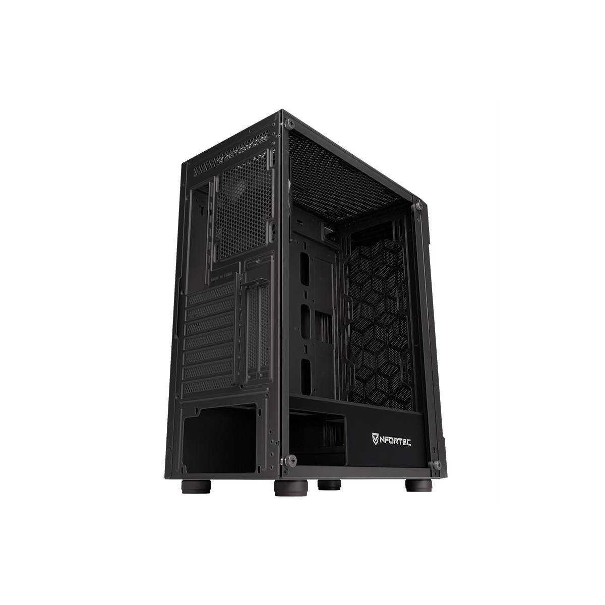 Un case per computer nero. Ha un pannello frontale a rete e un pannello laterale con finestra in vetro.