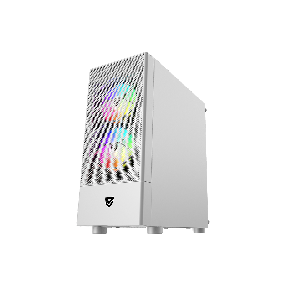 Case PC bianco con frontale a rete, due ventole con luci arcobaleno e sfondo nero.